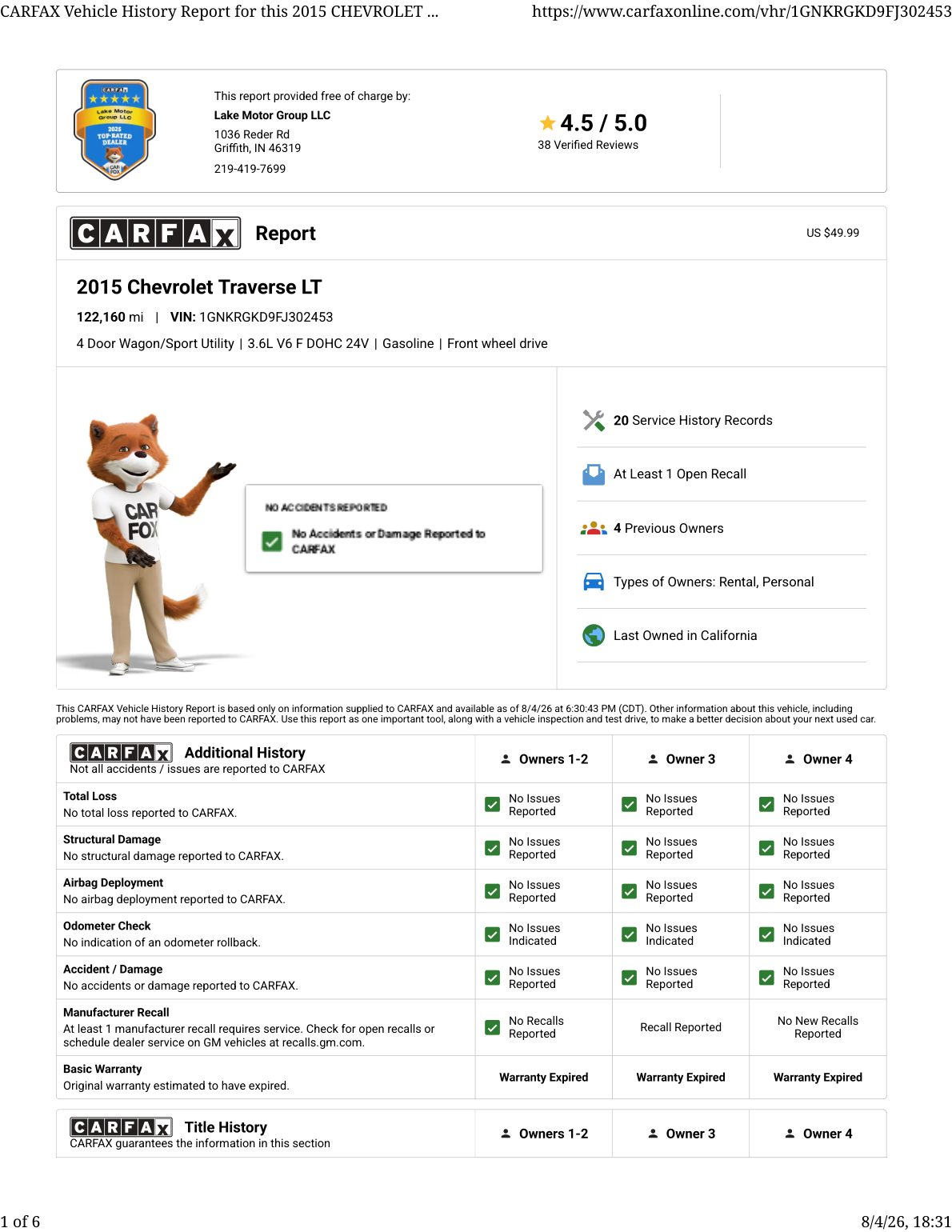 CARFAX vehicle history report — first page