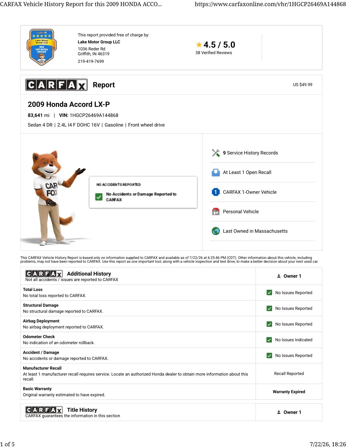CARFAX vehicle history report — first page