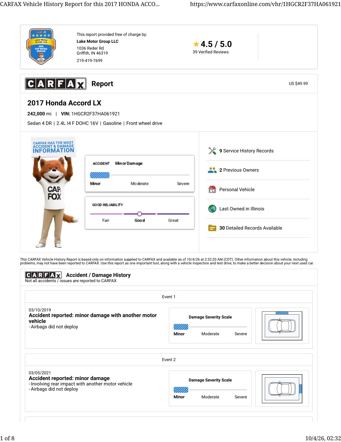 CARFAX vehicle history report — first page