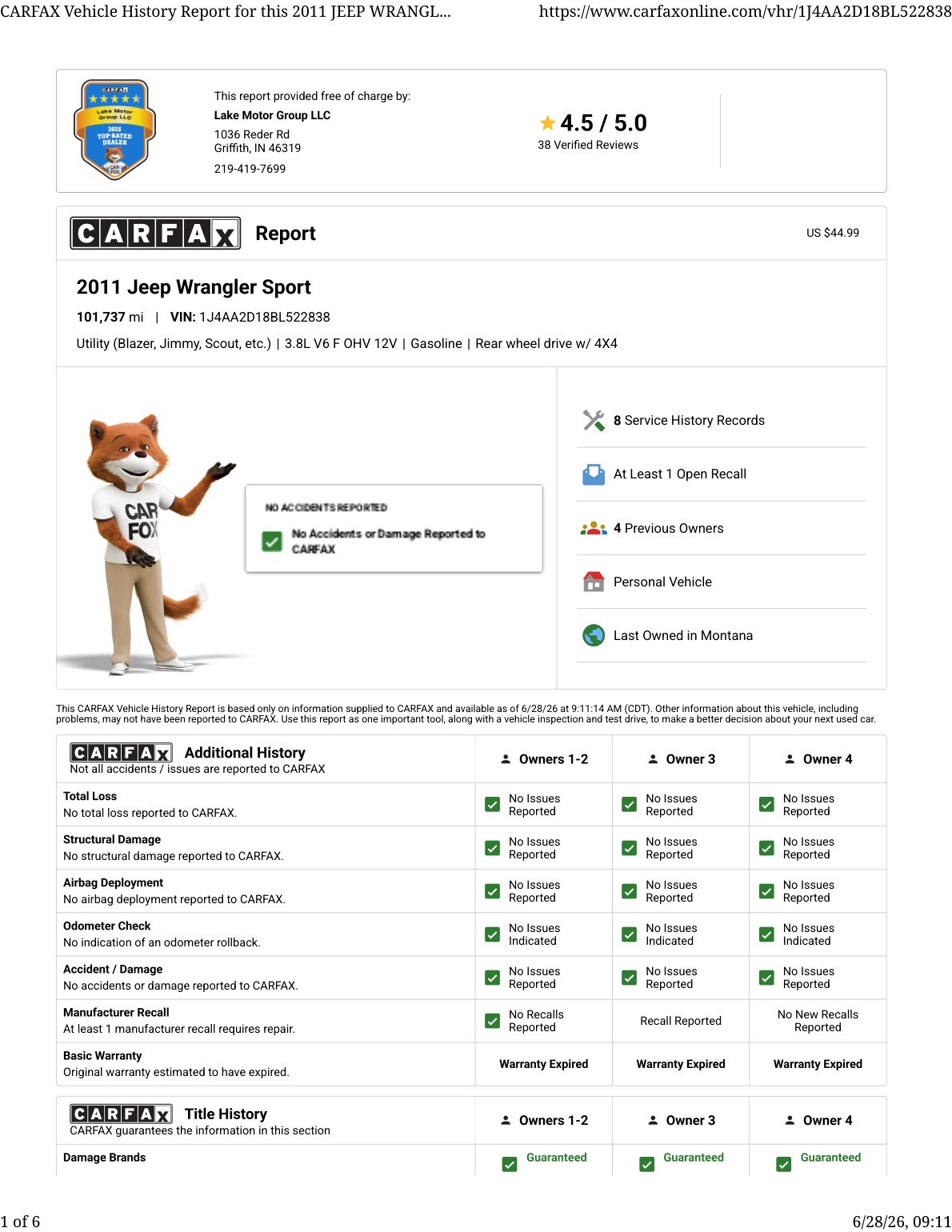 CARFAX vehicle history report — first page
