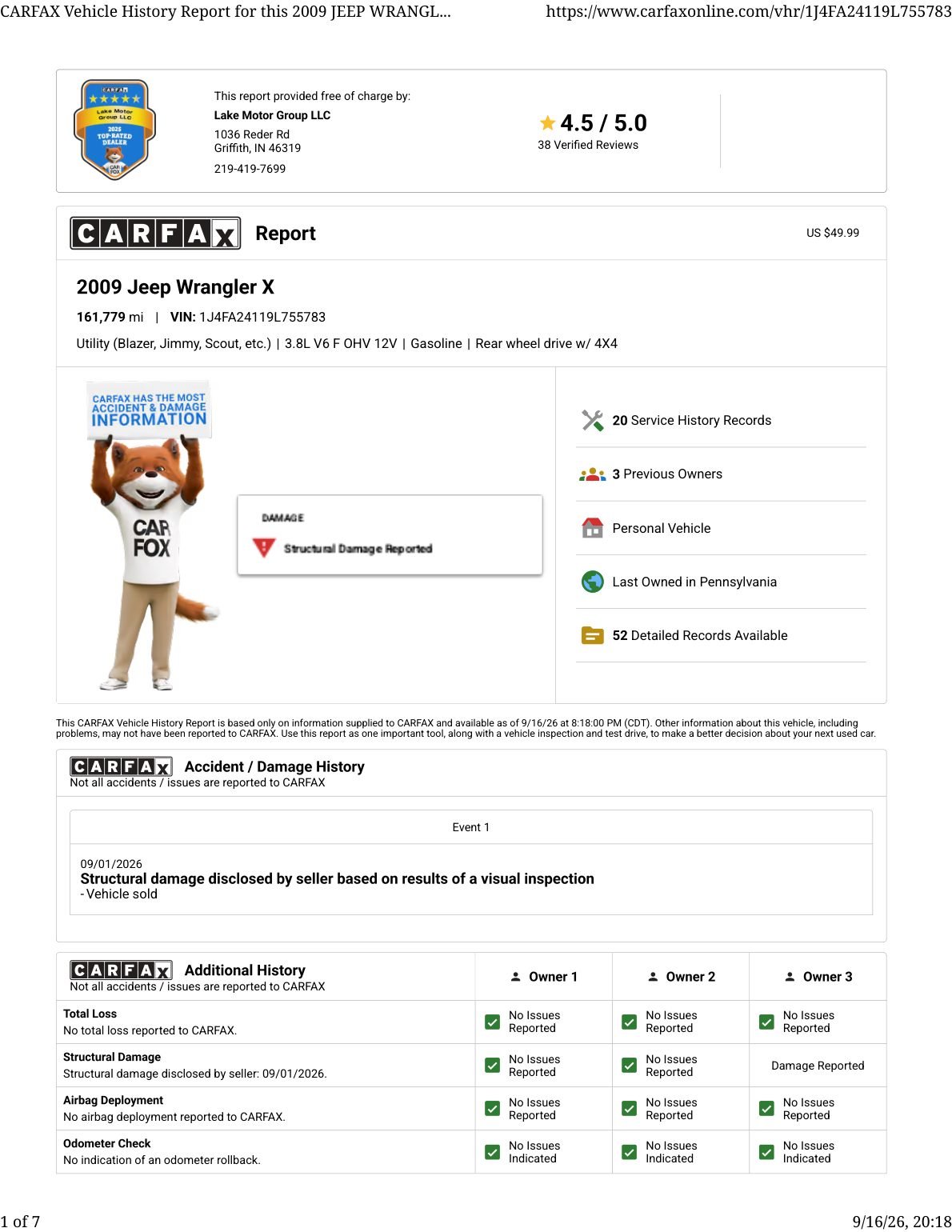 CARFAX vehicle history report — first page