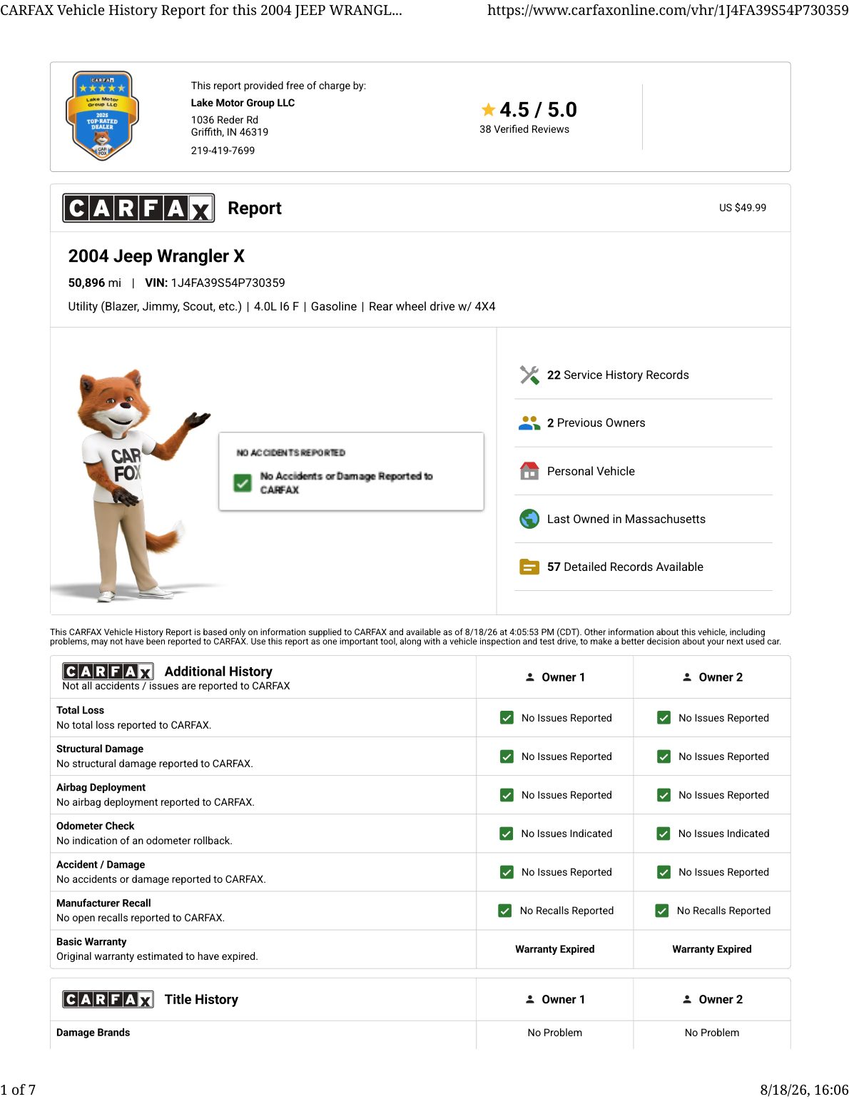 CARFAX vehicle history report — first page