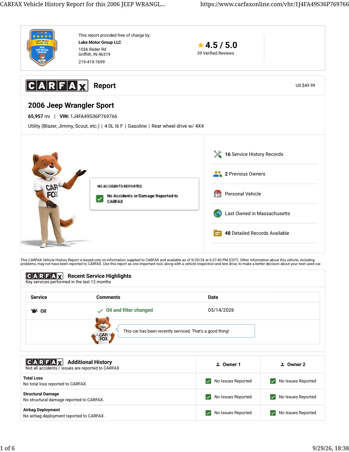 CARFAX vehicle history report — first page