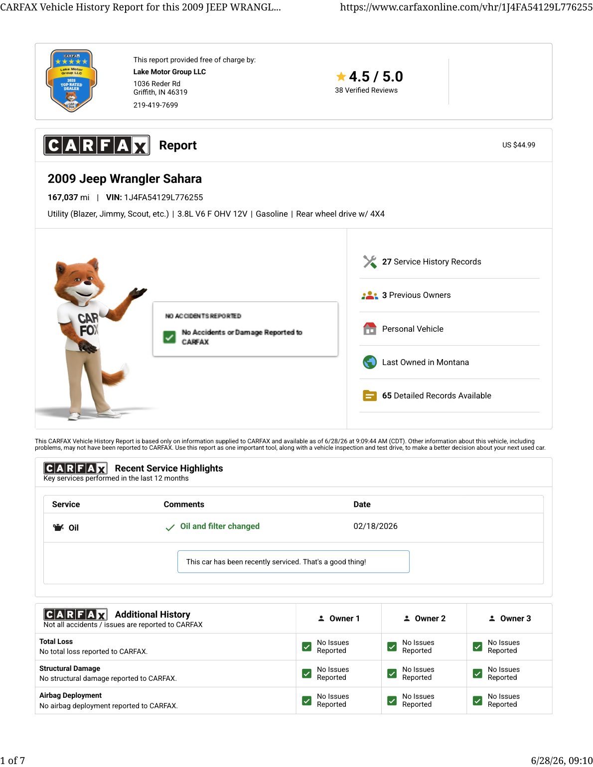 CARFAX vehicle history report — first page