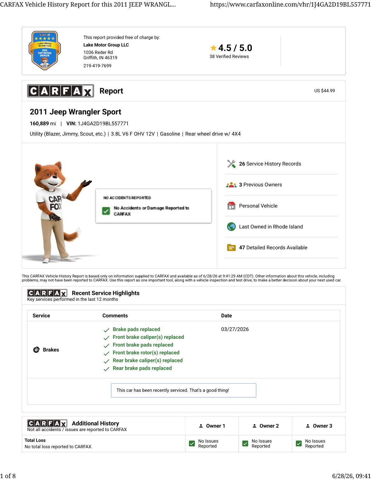 CARFAX vehicle history report — first page