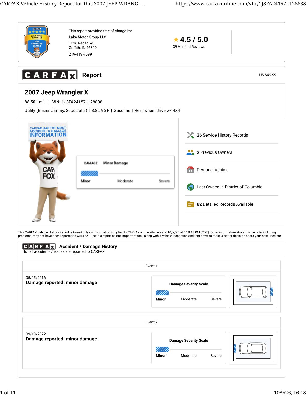 CARFAX vehicle history report — first page