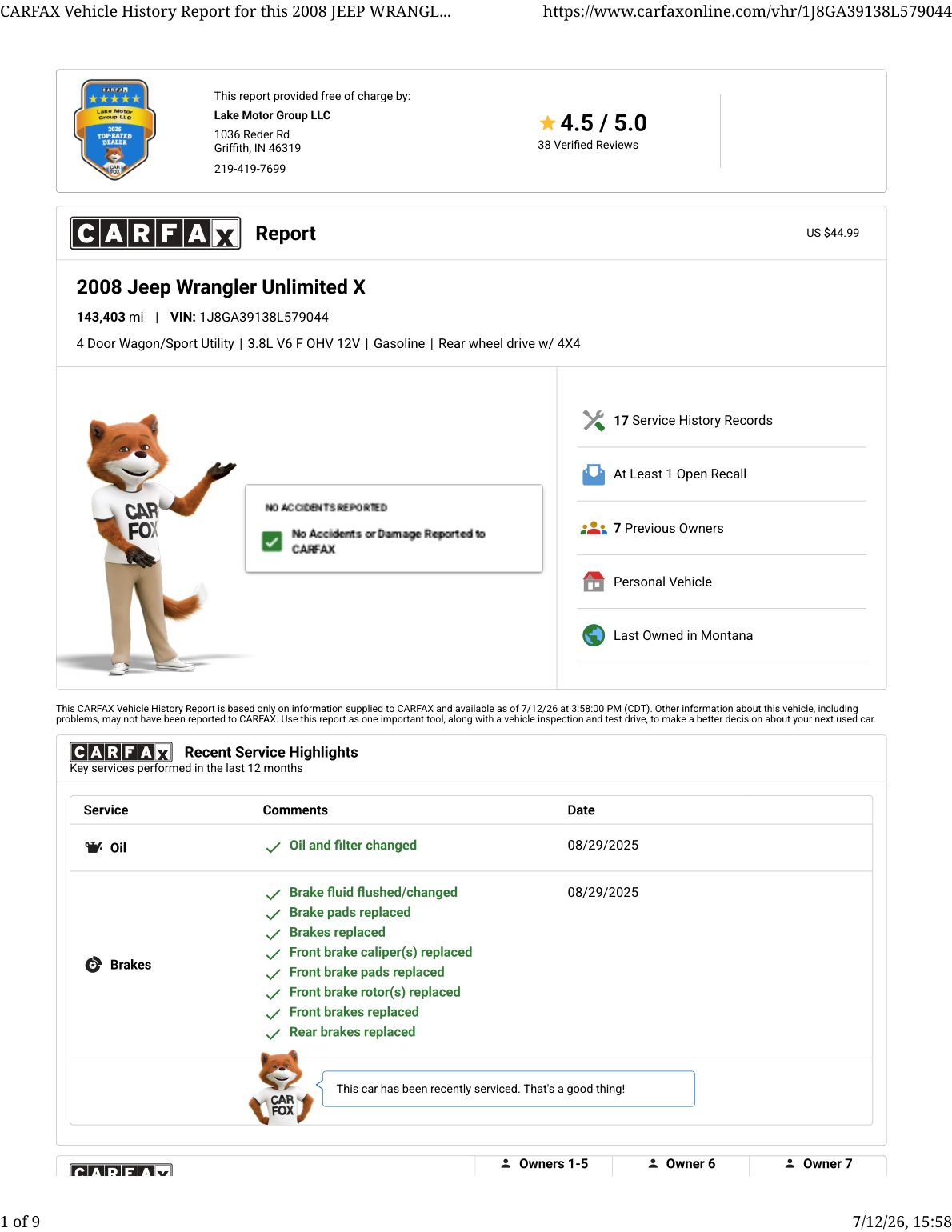 CARFAX vehicle history report — first page