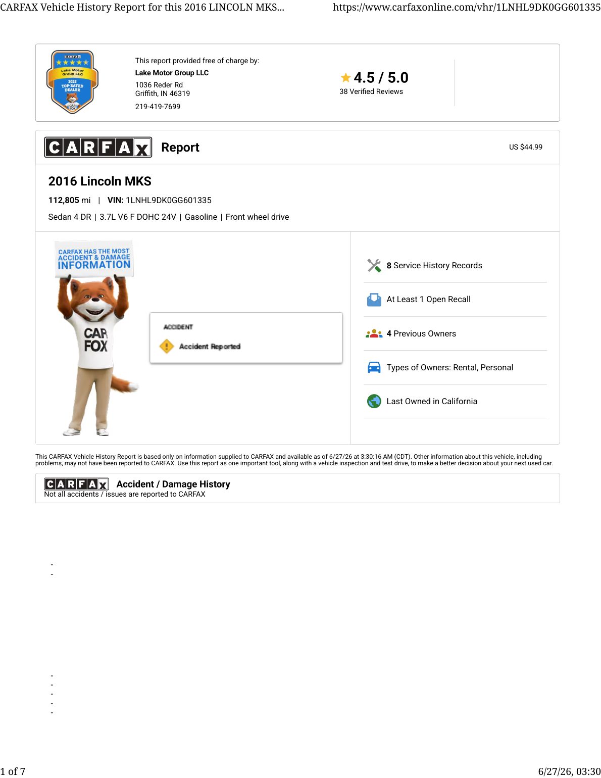 CARFAX vehicle history report — first page