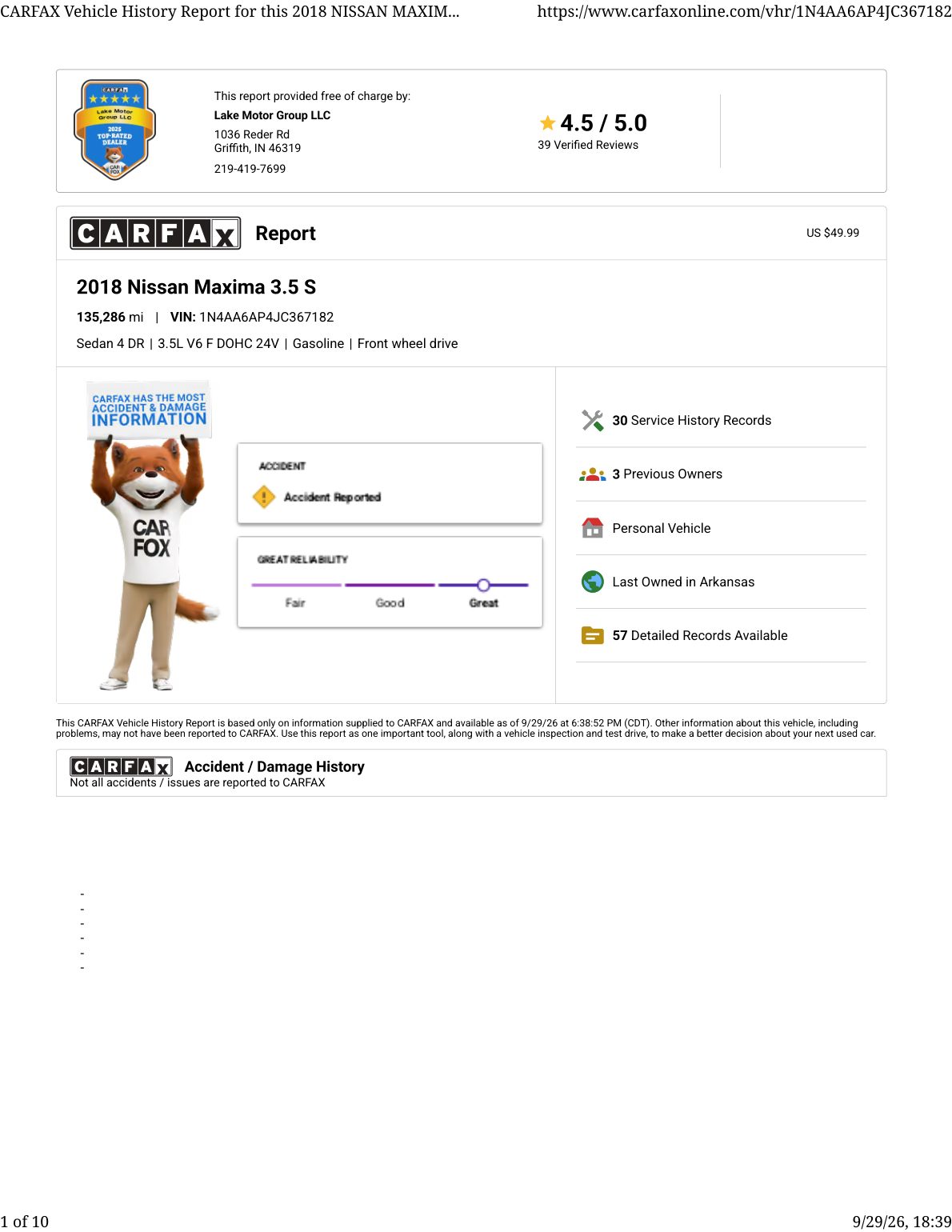 CARFAX vehicle history report — first page