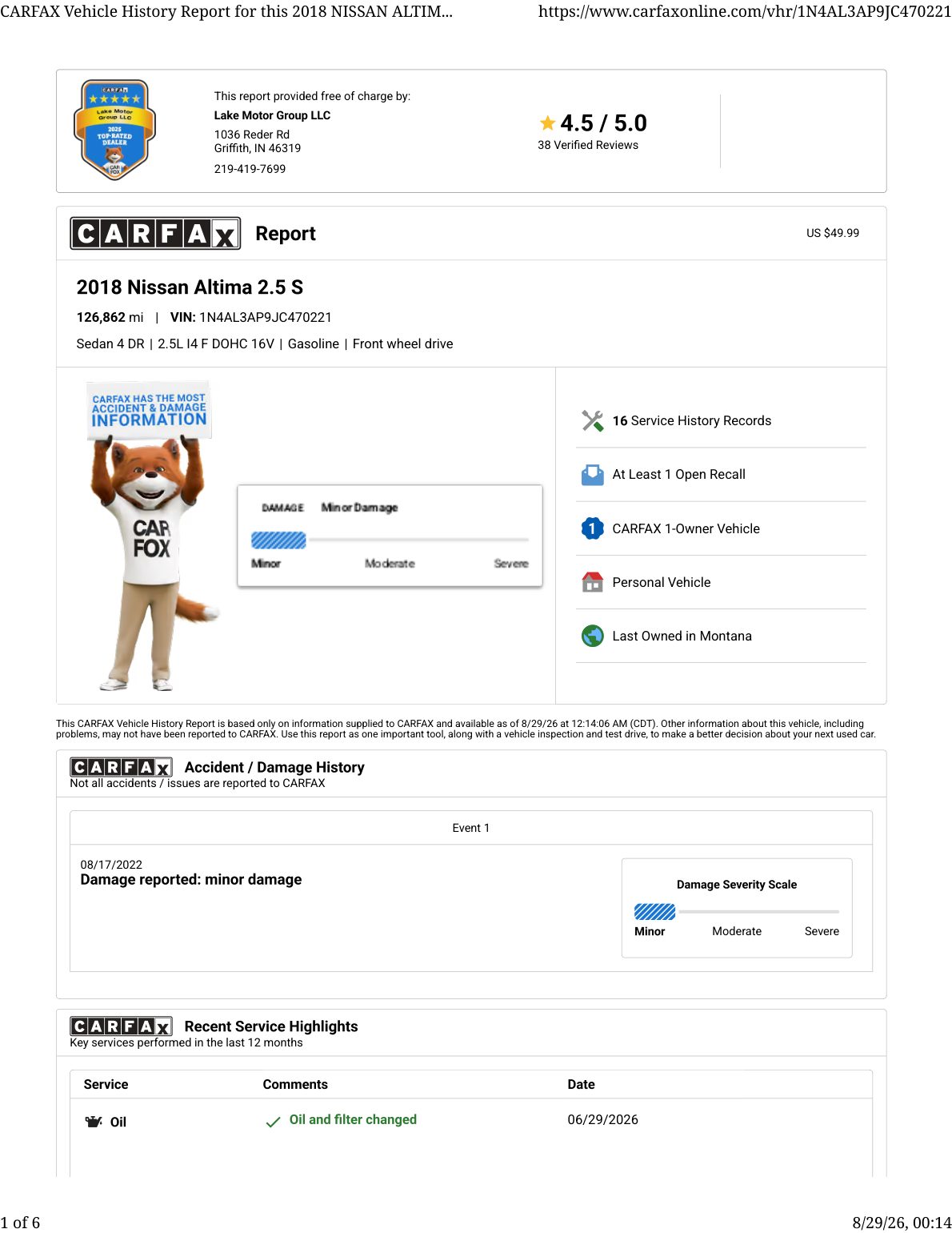 CARFAX vehicle history report — first page