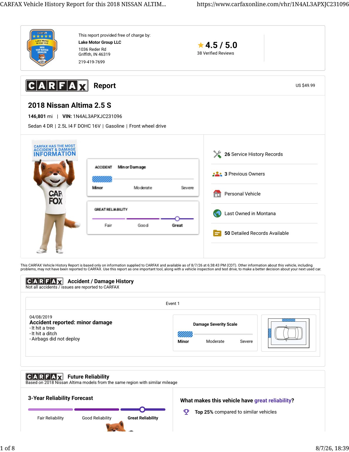 CARFAX vehicle history report — first page