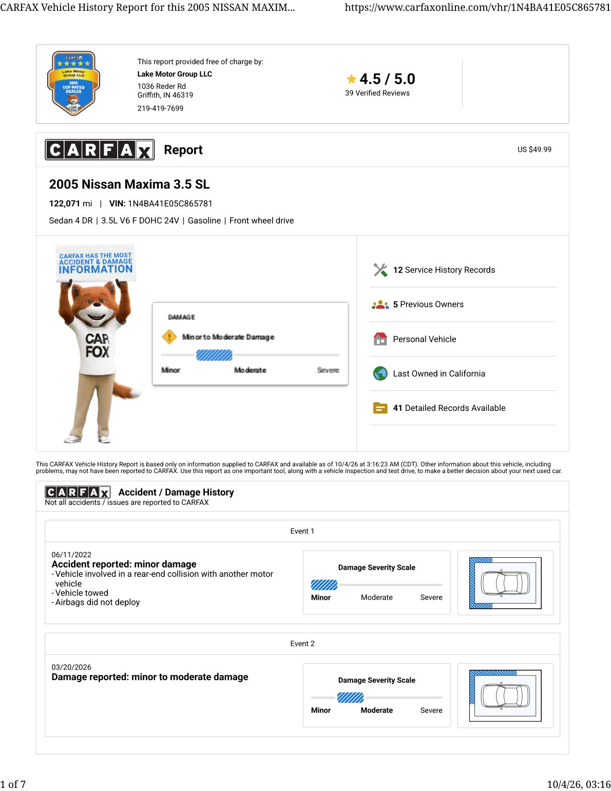CARFAX vehicle history report — first page