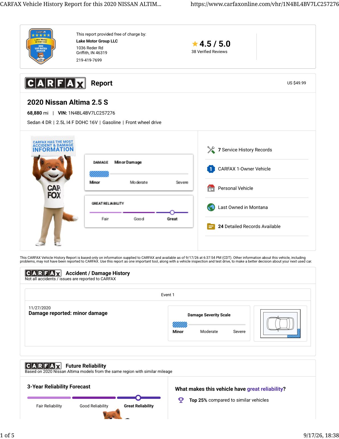 CARFAX vehicle history report — first page