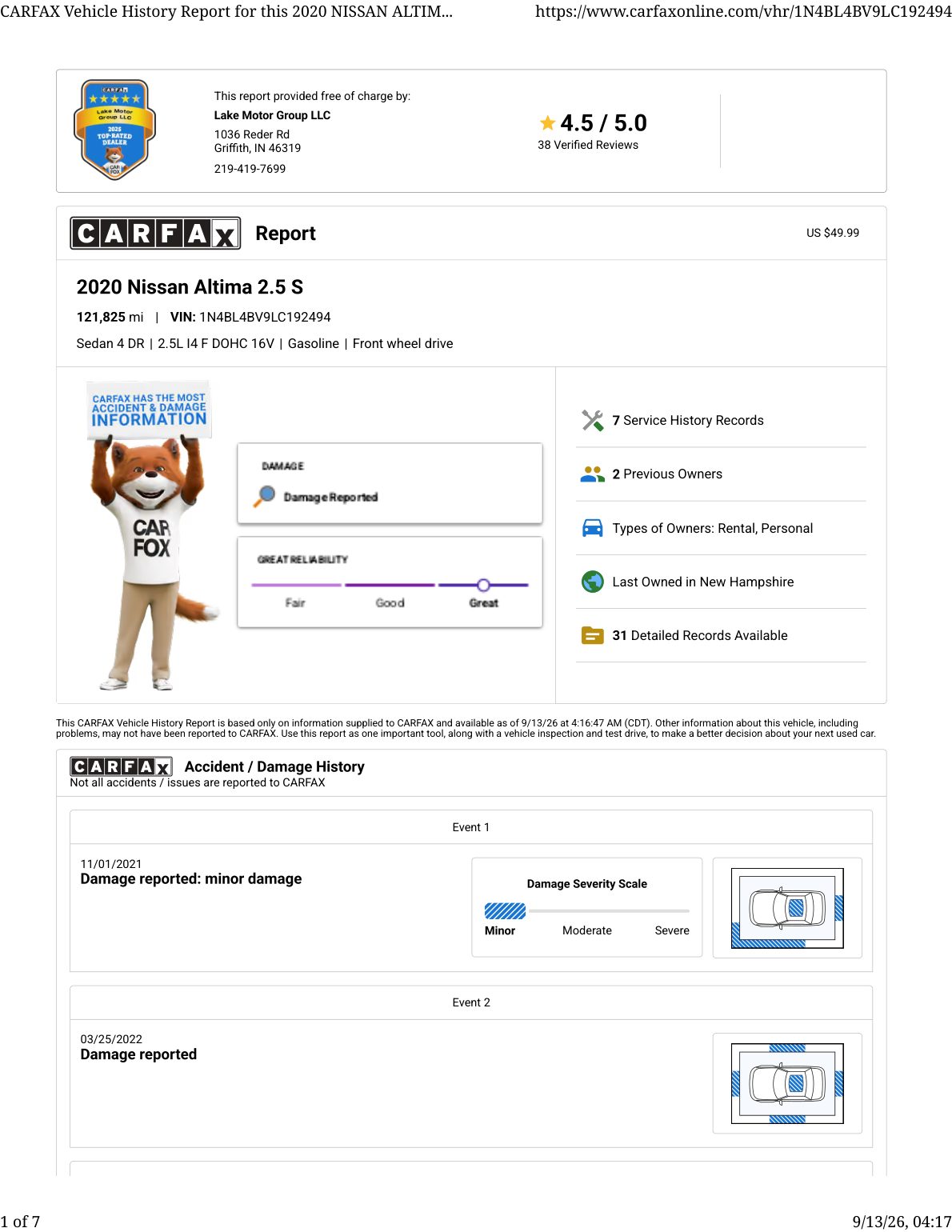 CARFAX vehicle history report — first page