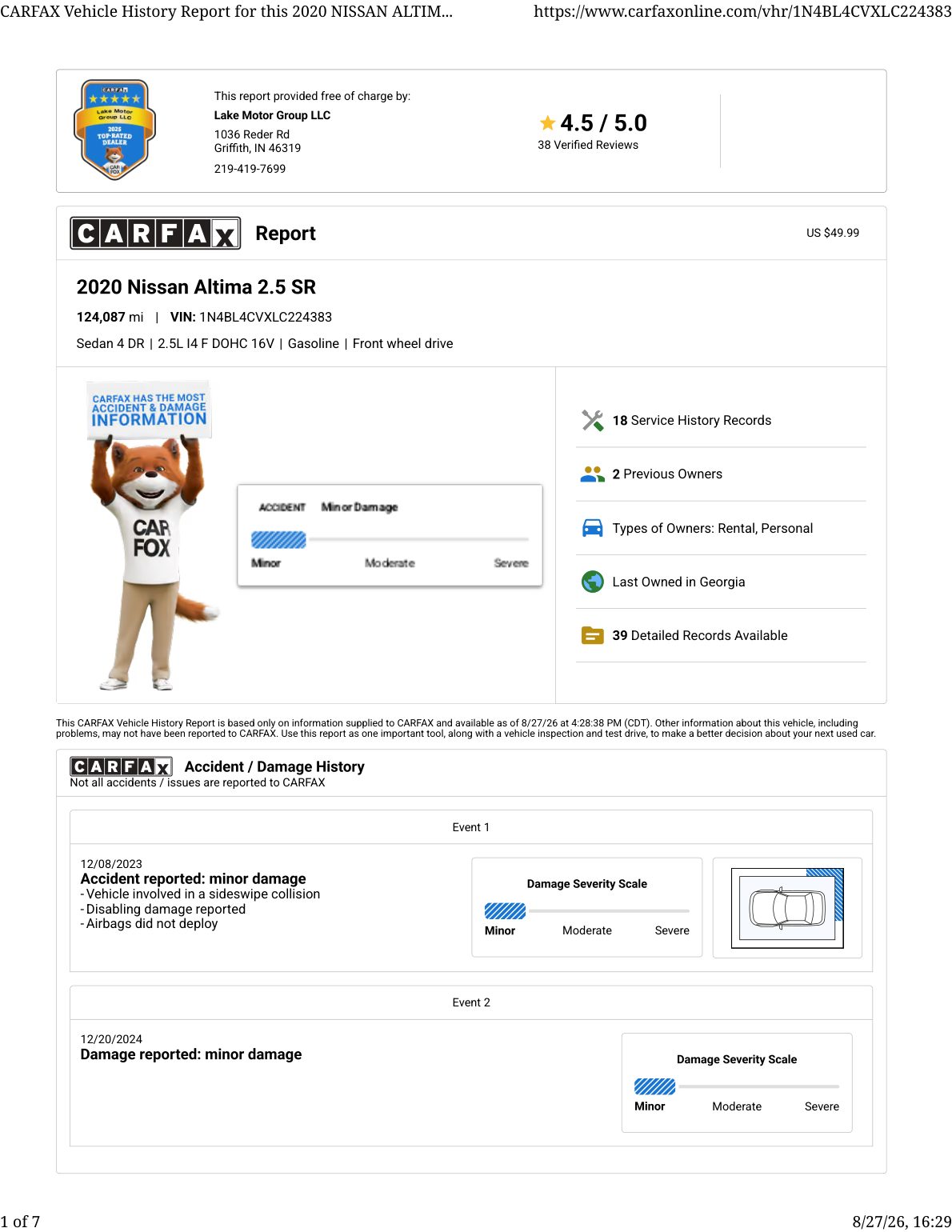CARFAX vehicle history report — first page