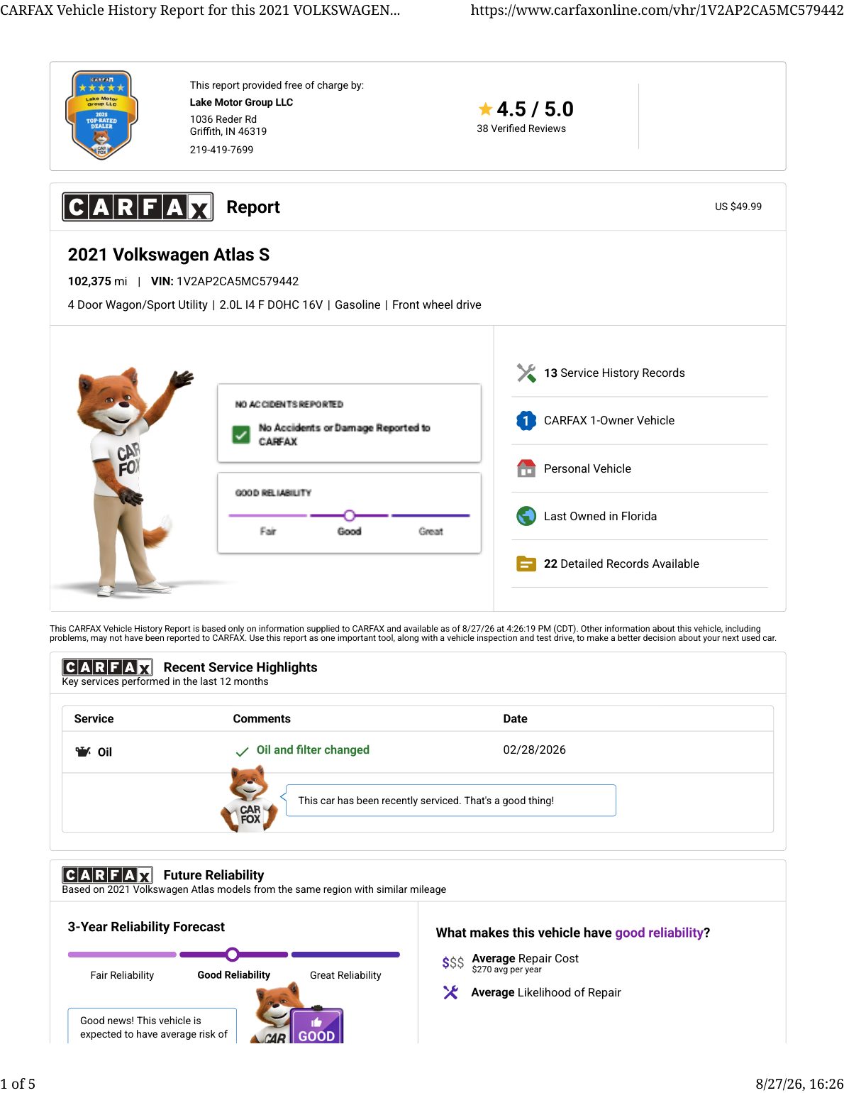 CARFAX vehicle history report — first page