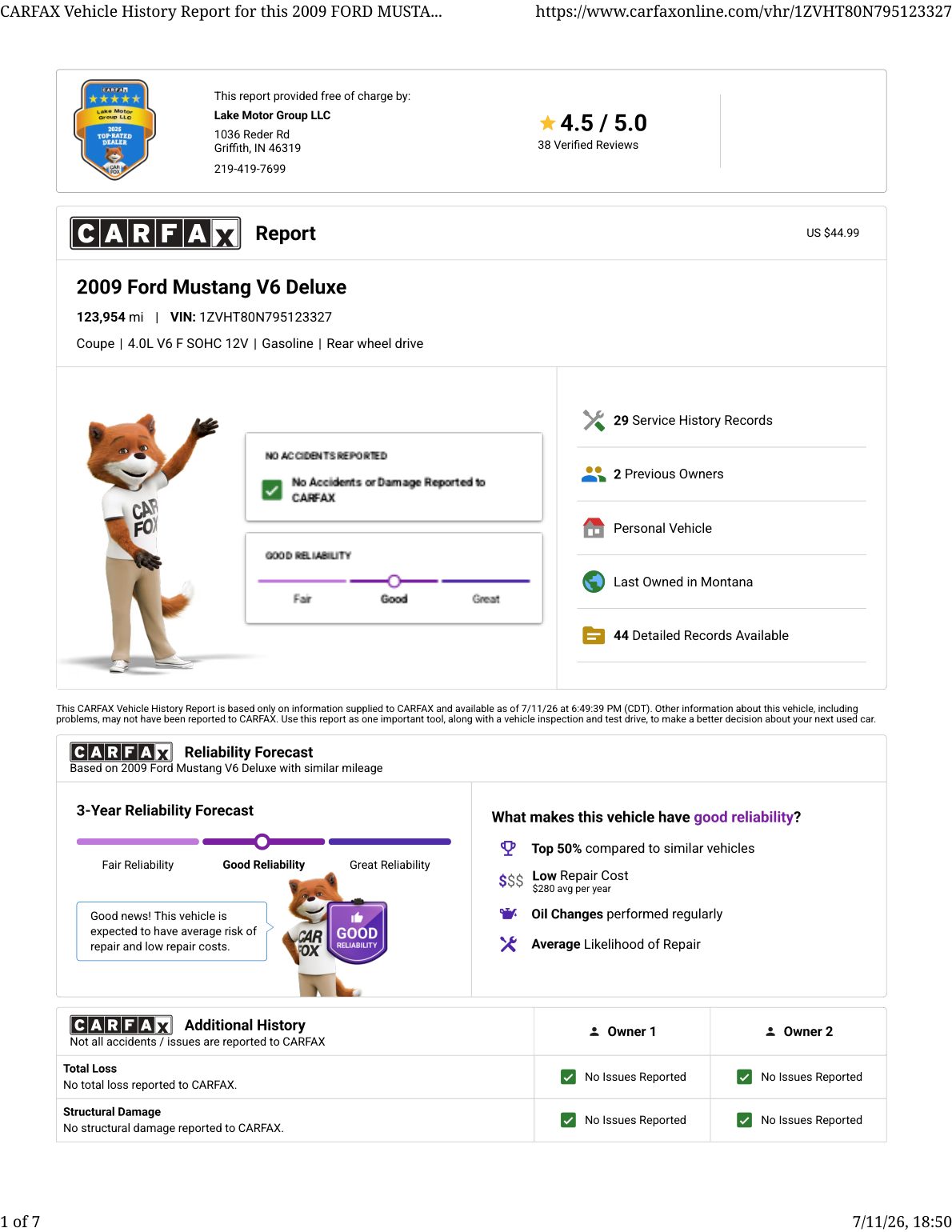 CARFAX vehicle history report — first page