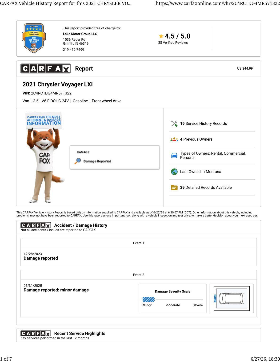 CARFAX vehicle history report — first page