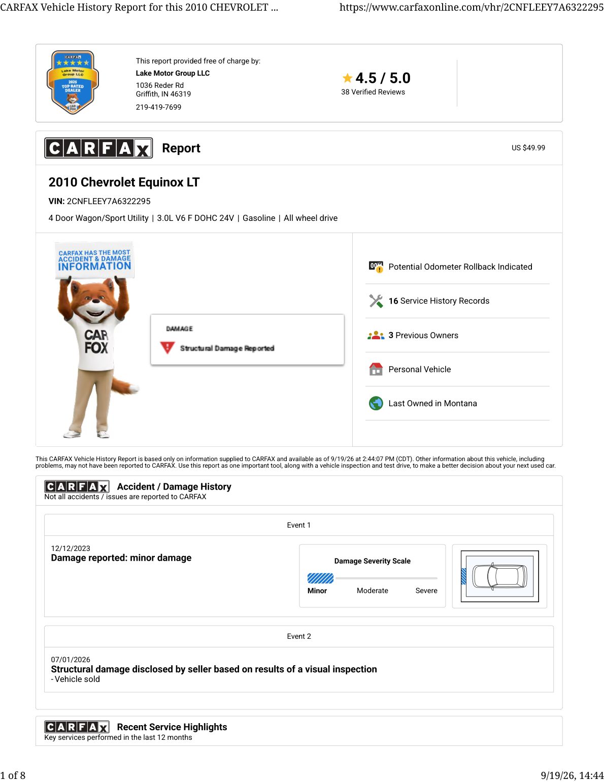 CARFAX vehicle history report — first page