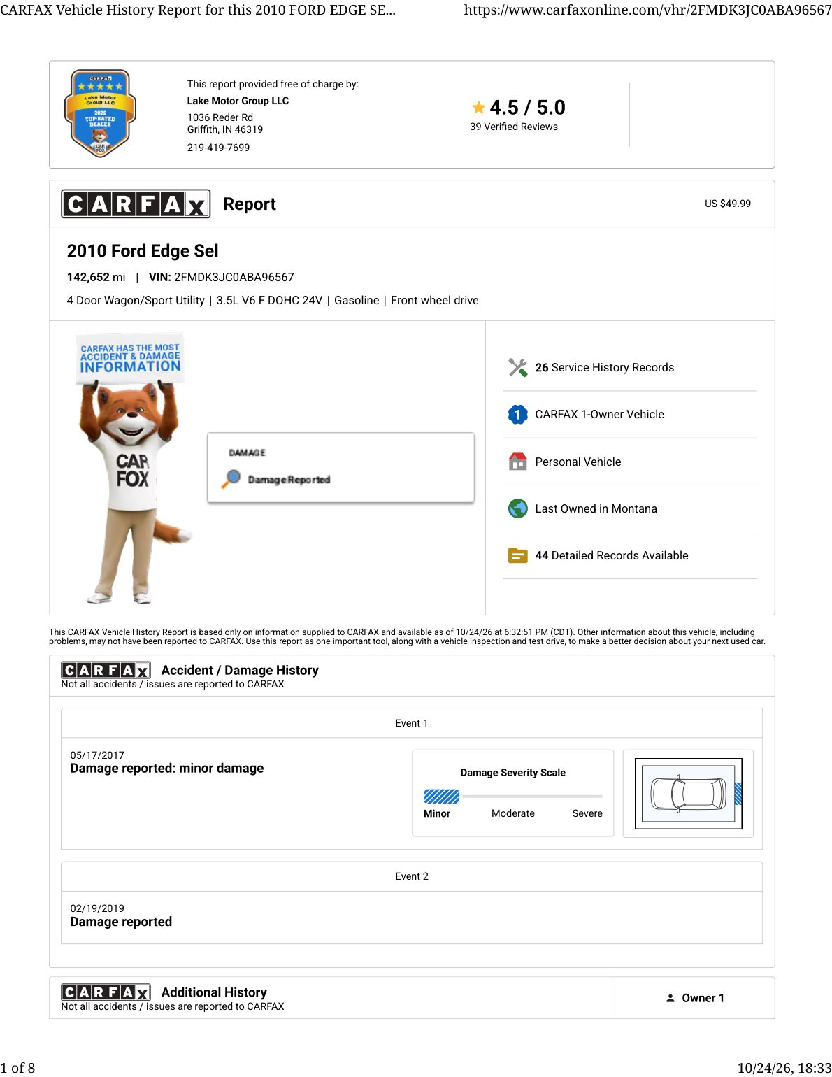 CARFAX vehicle history report — first page