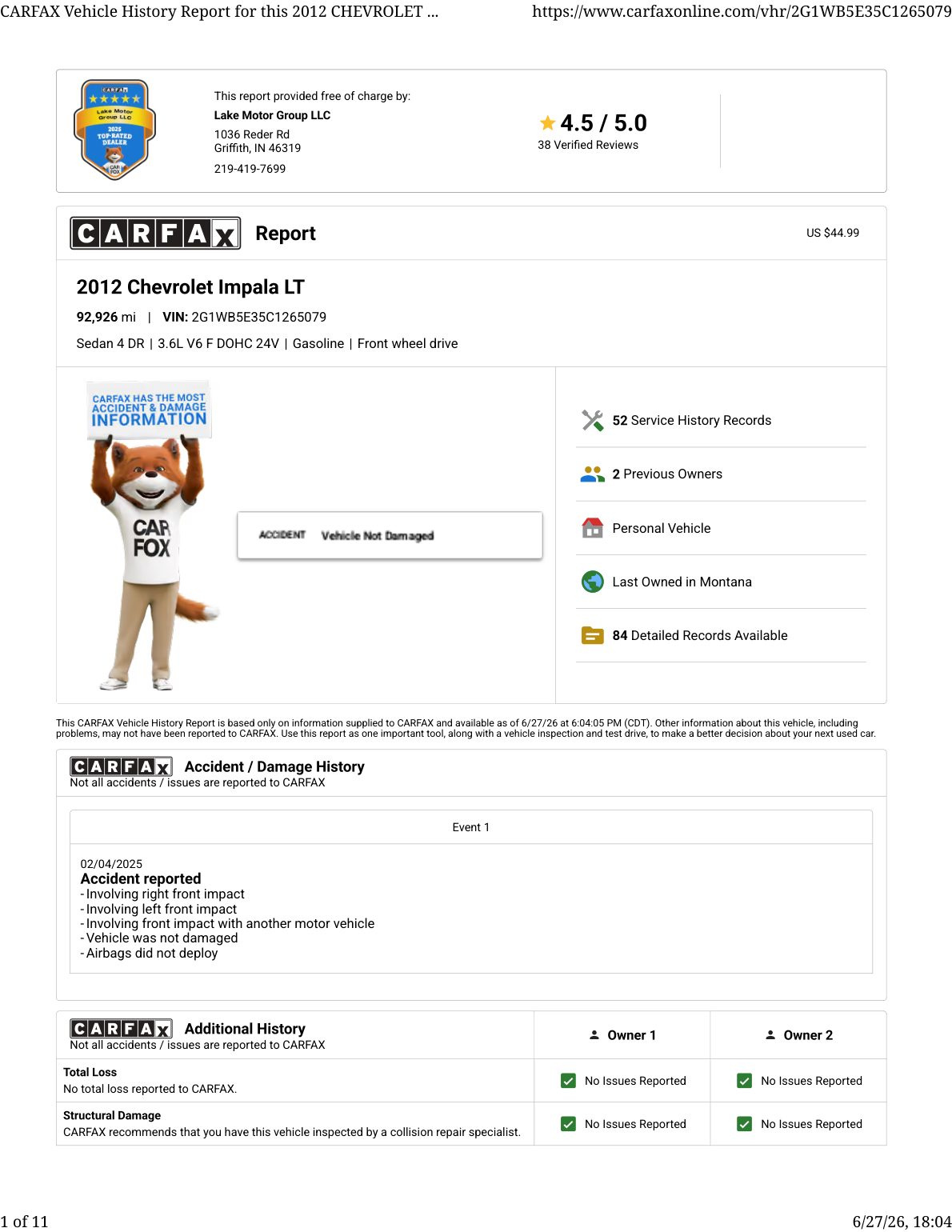 CARFAX vehicle history report — first page