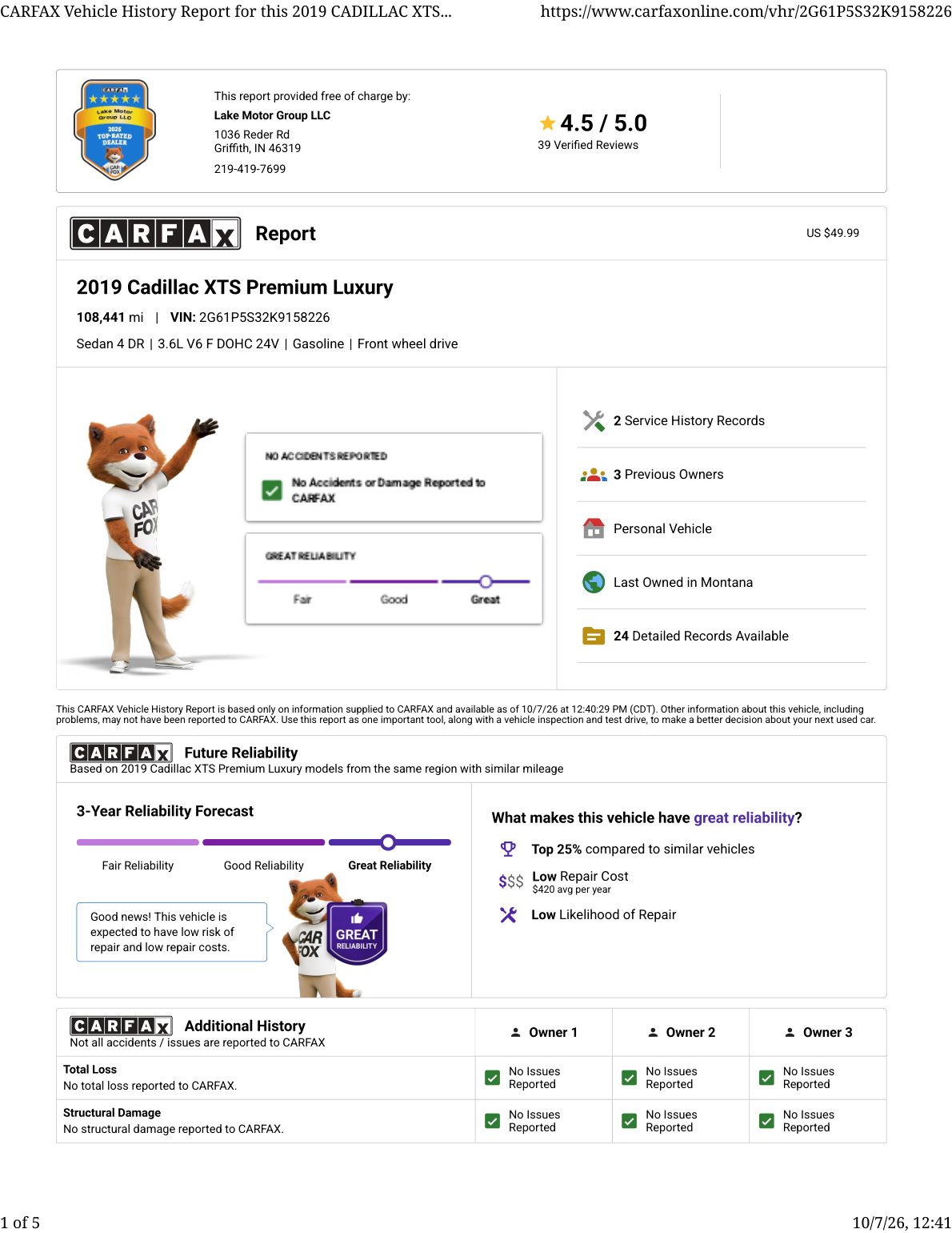 CARFAX vehicle history report — first page