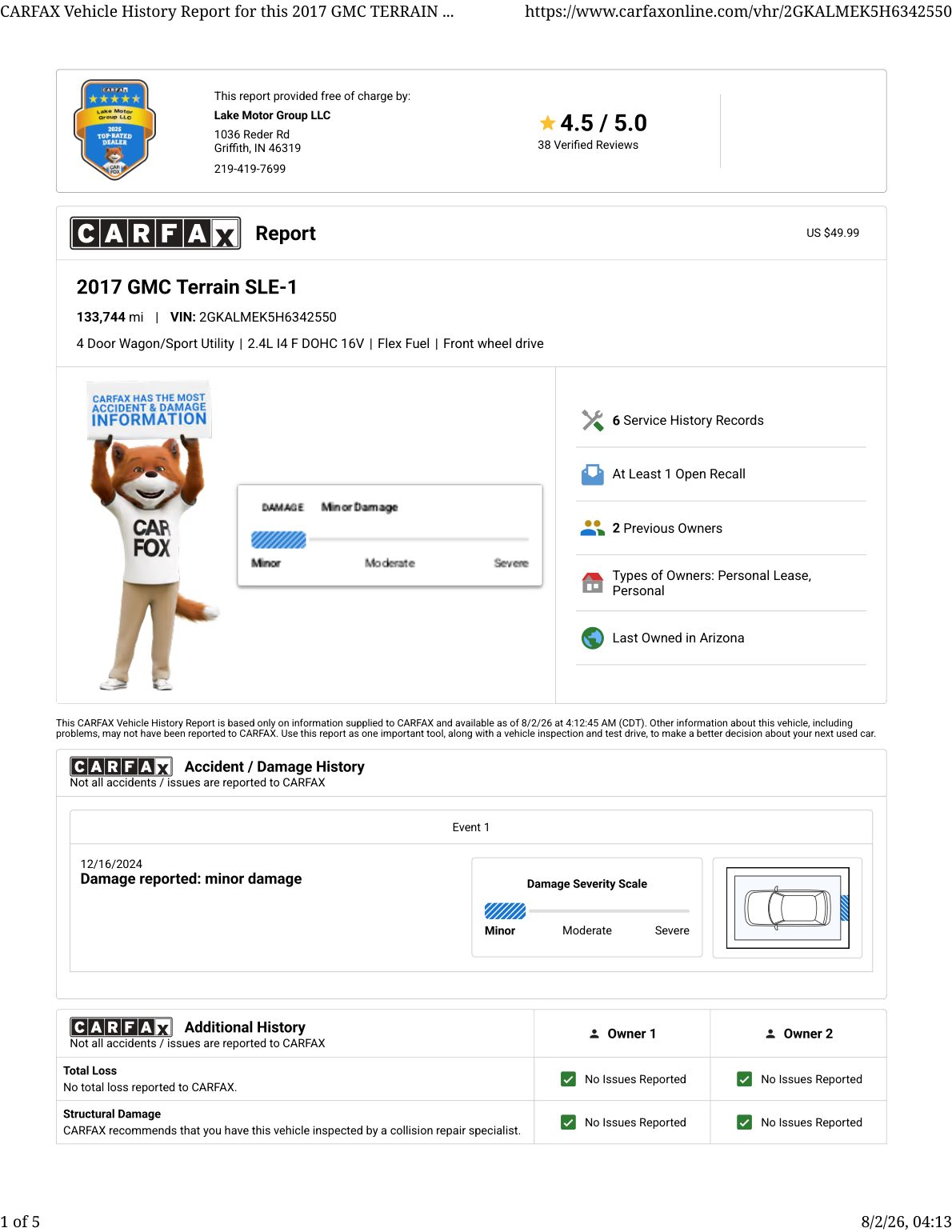 CARFAX vehicle history report — first page
