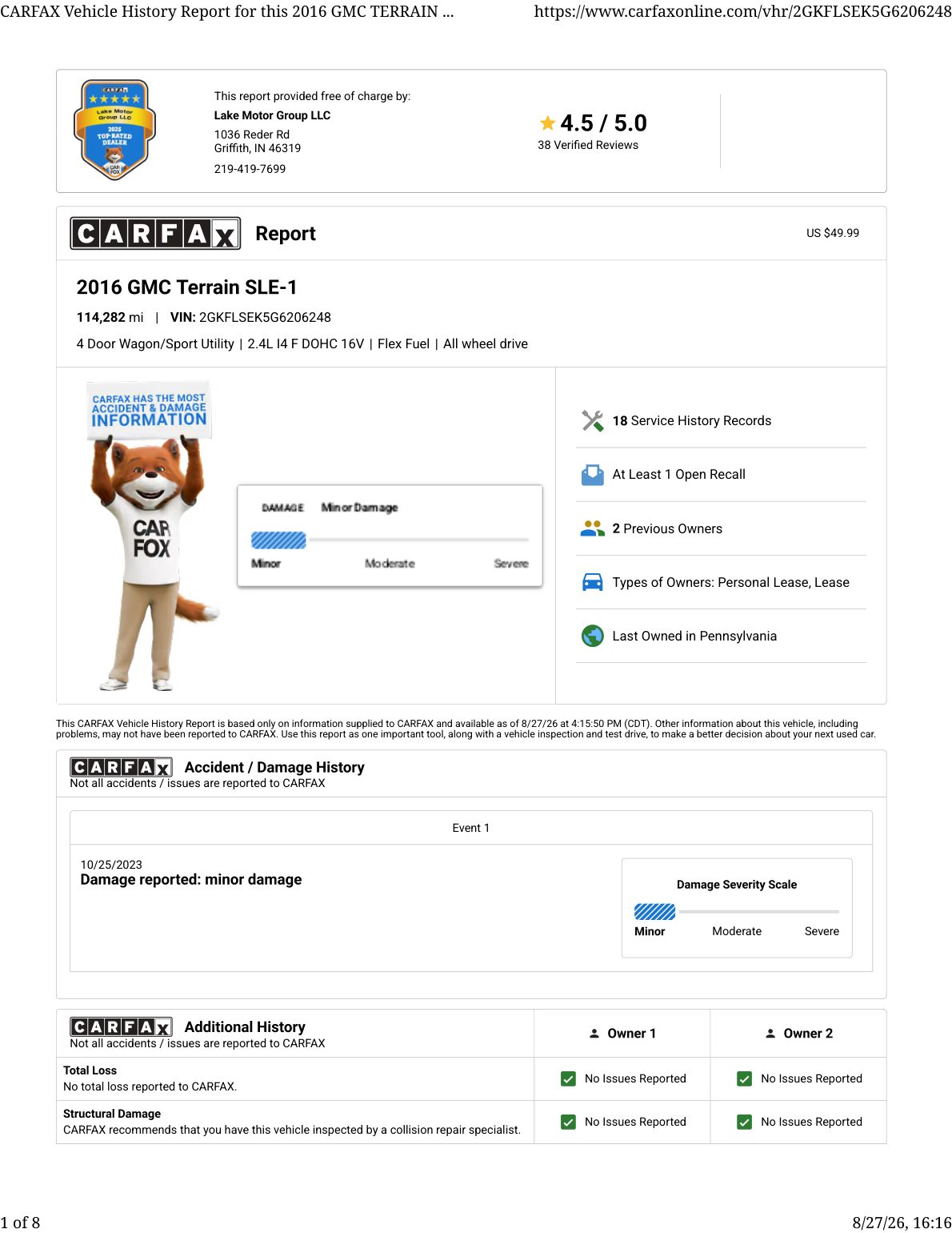 CARFAX vehicle history report — first page