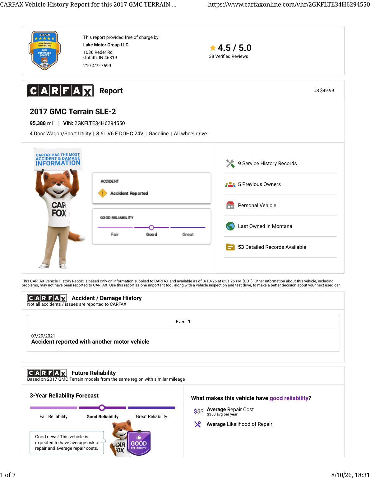 CARFAX vehicle history report — first page