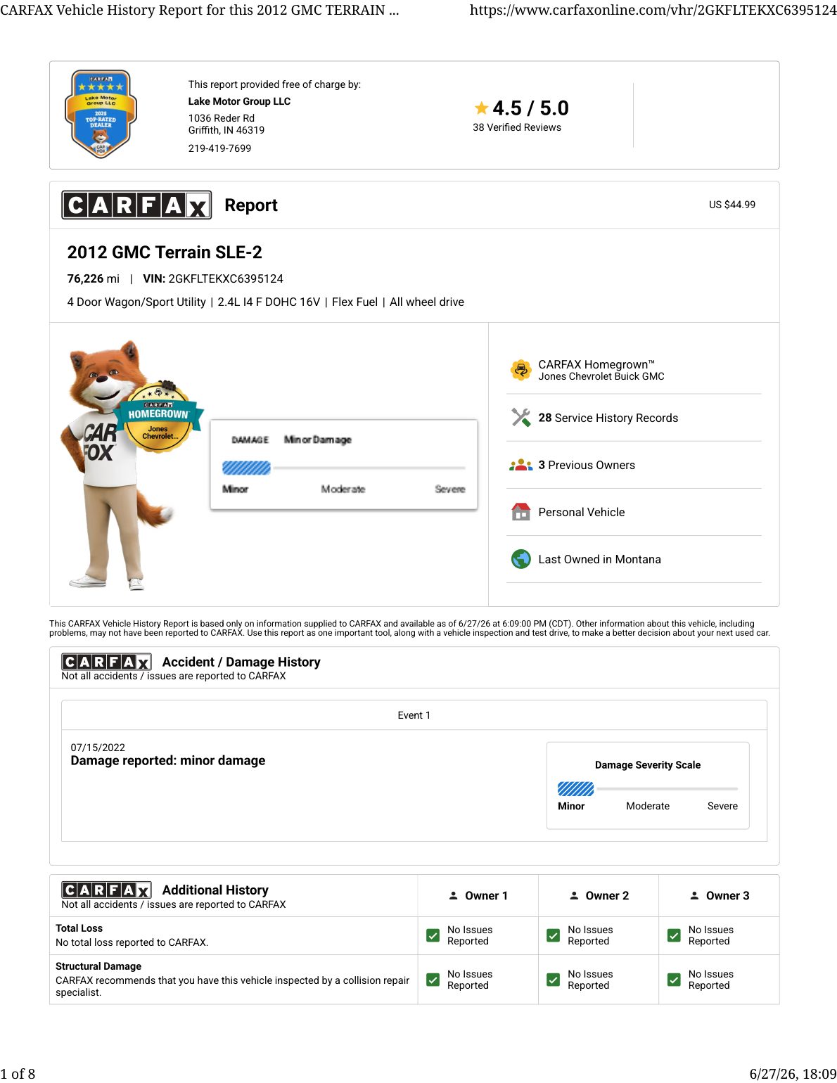 CARFAX vehicle history report — first page