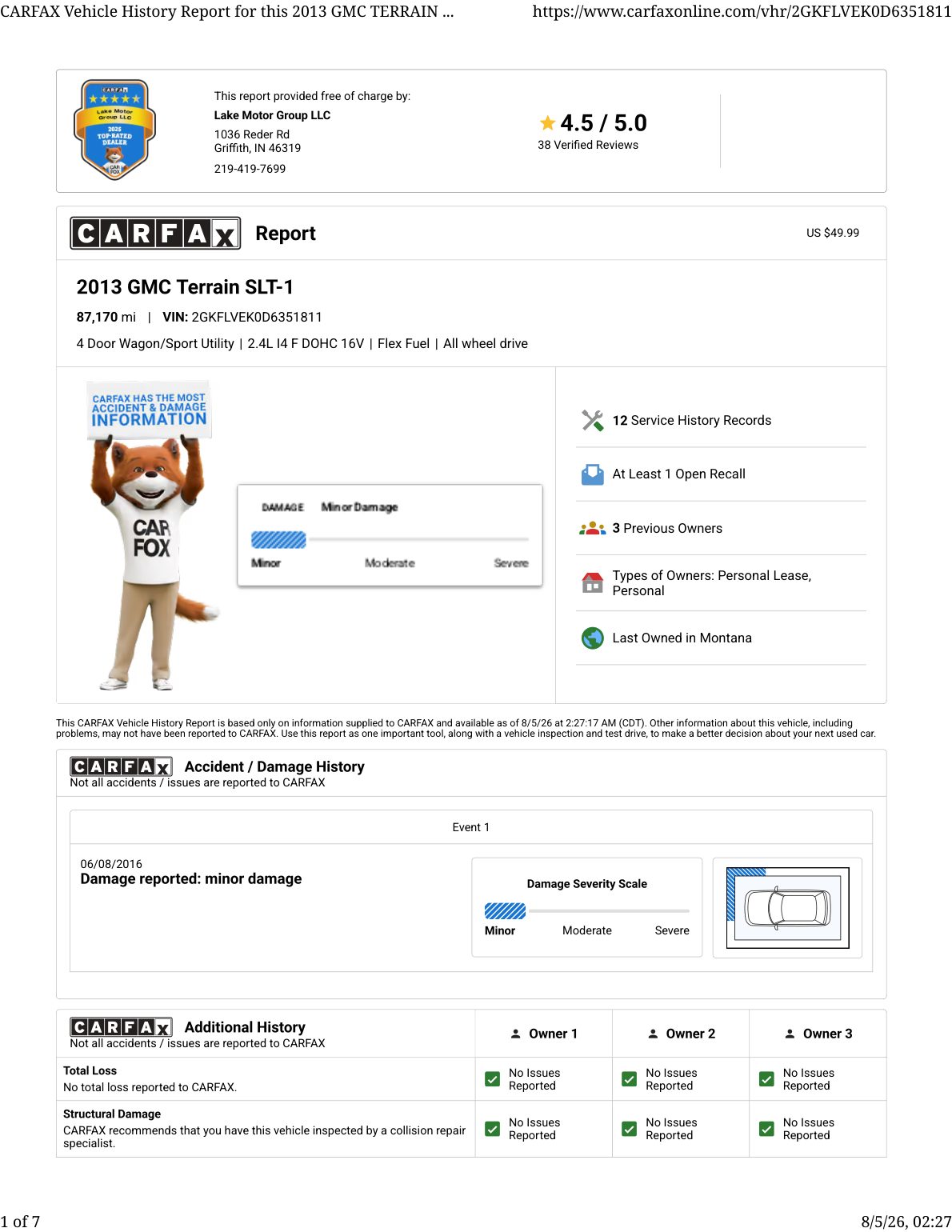CARFAX vehicle history report — first page