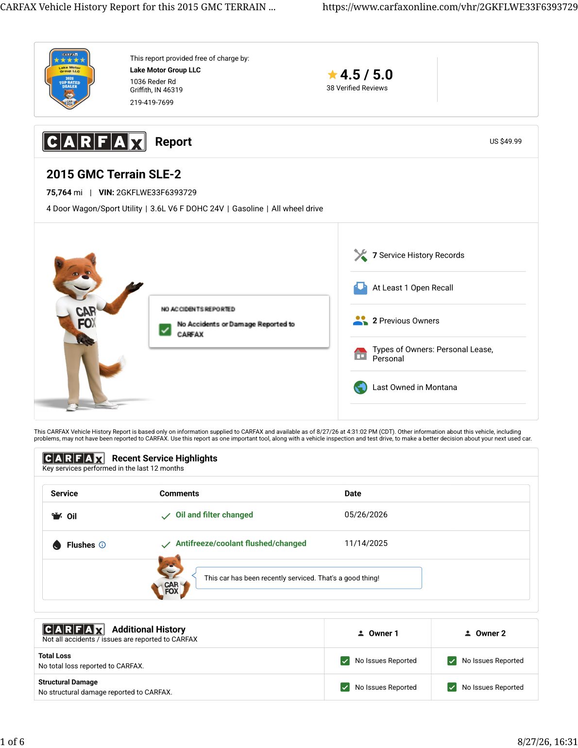 CARFAX vehicle history report — first page