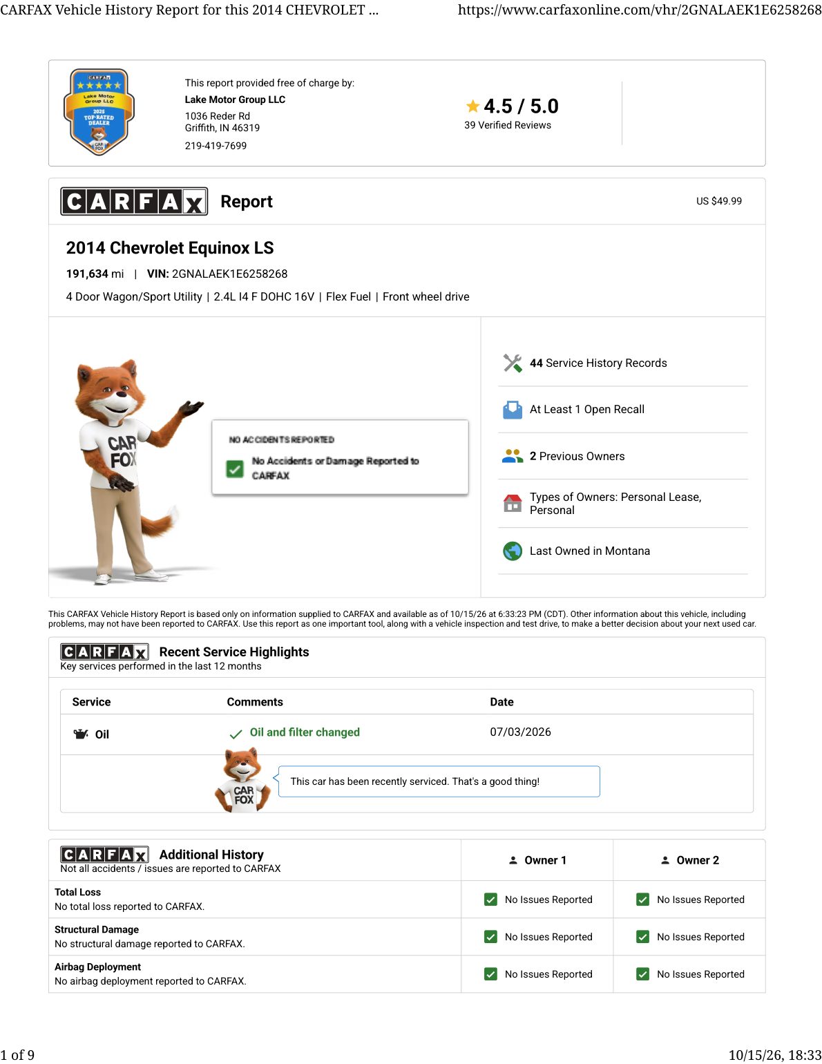 CARFAX vehicle history report — first page