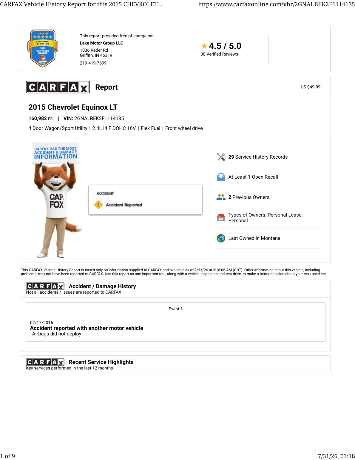 CARFAX vehicle history report — first page