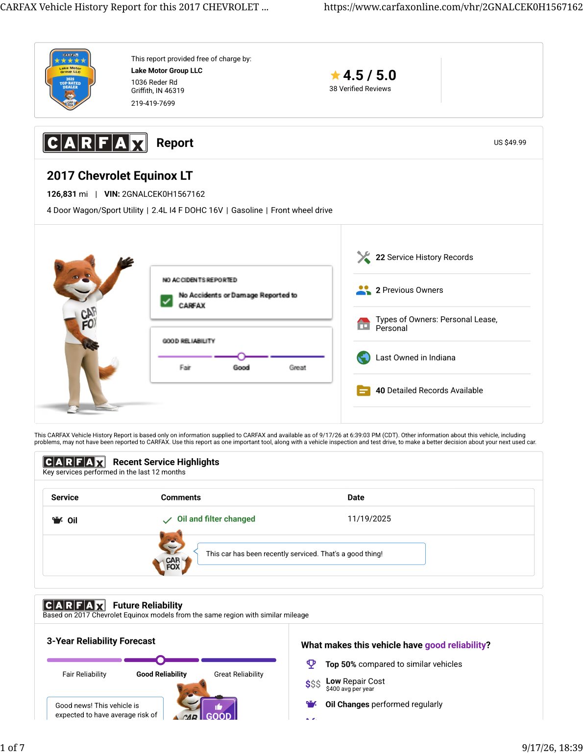 CARFAX vehicle history report — first page