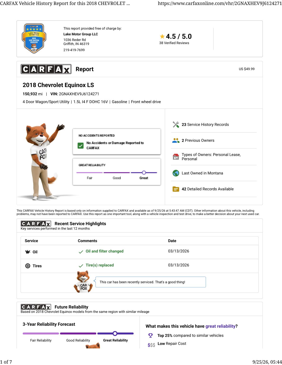 CARFAX vehicle history report — first page