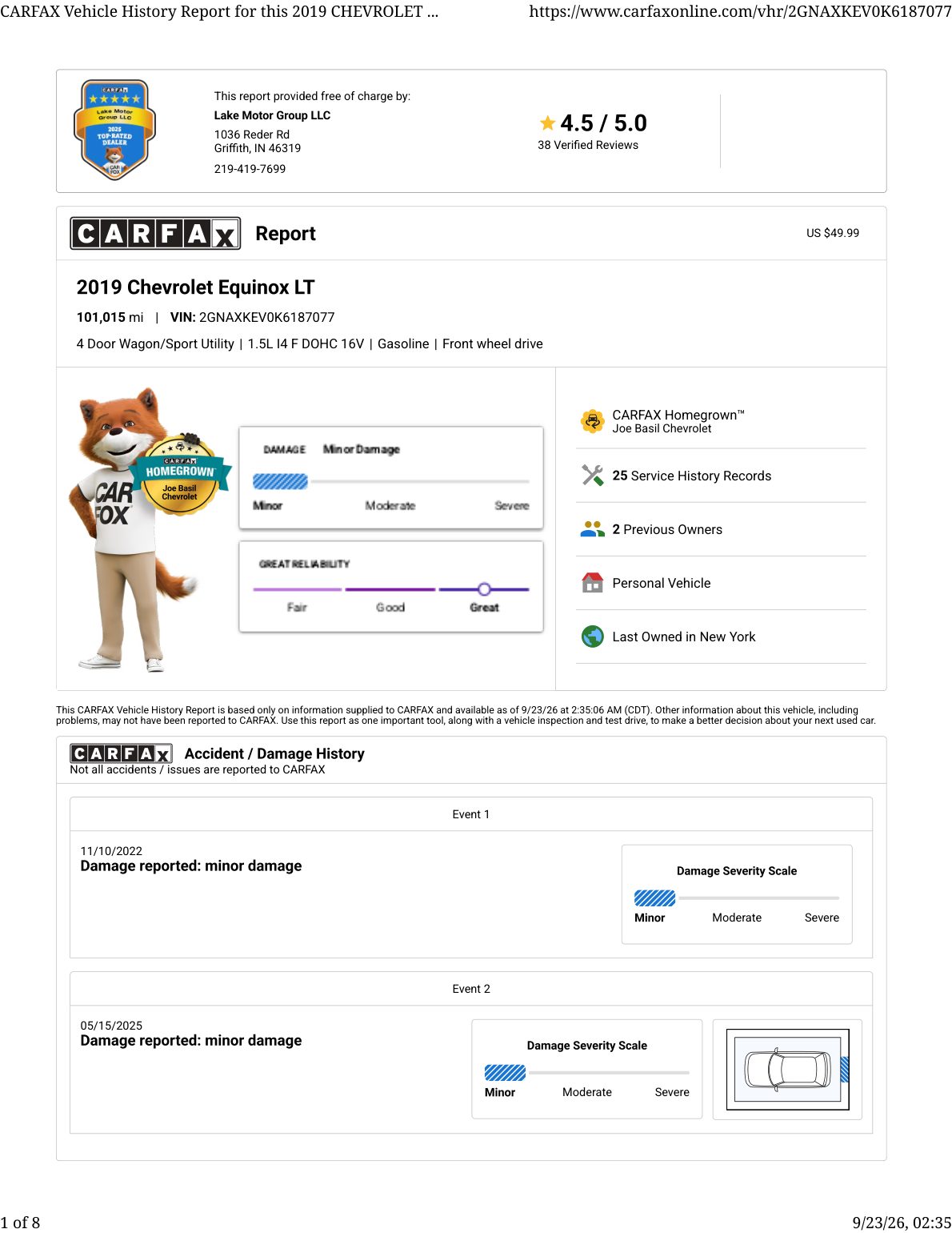 CARFAX vehicle history report — first page