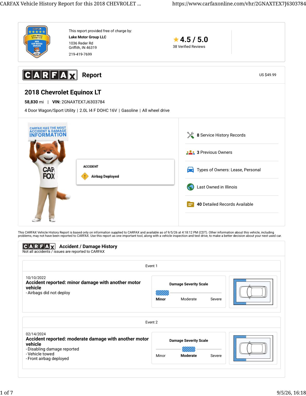 CARFAX vehicle history report — first page