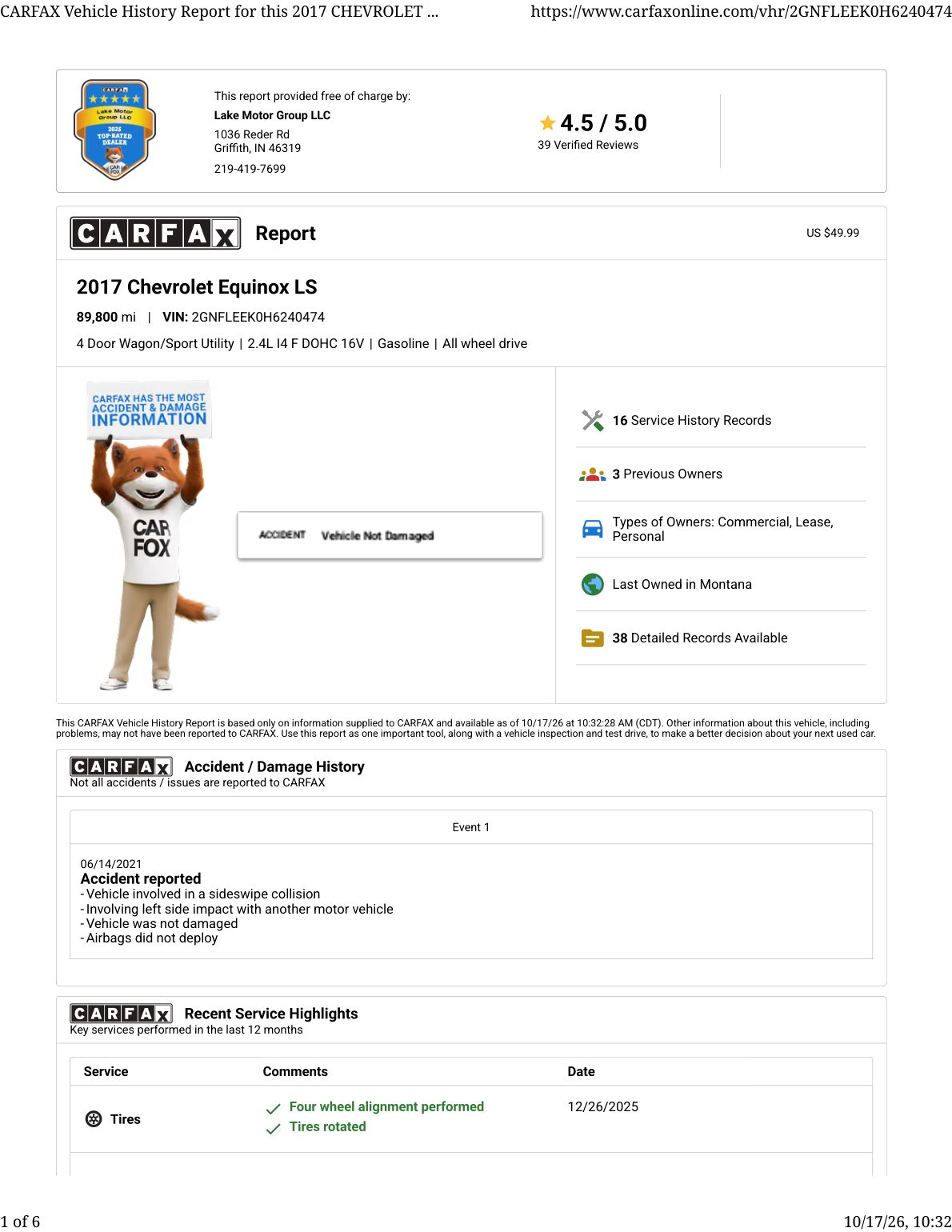 CARFAX vehicle history report — first page