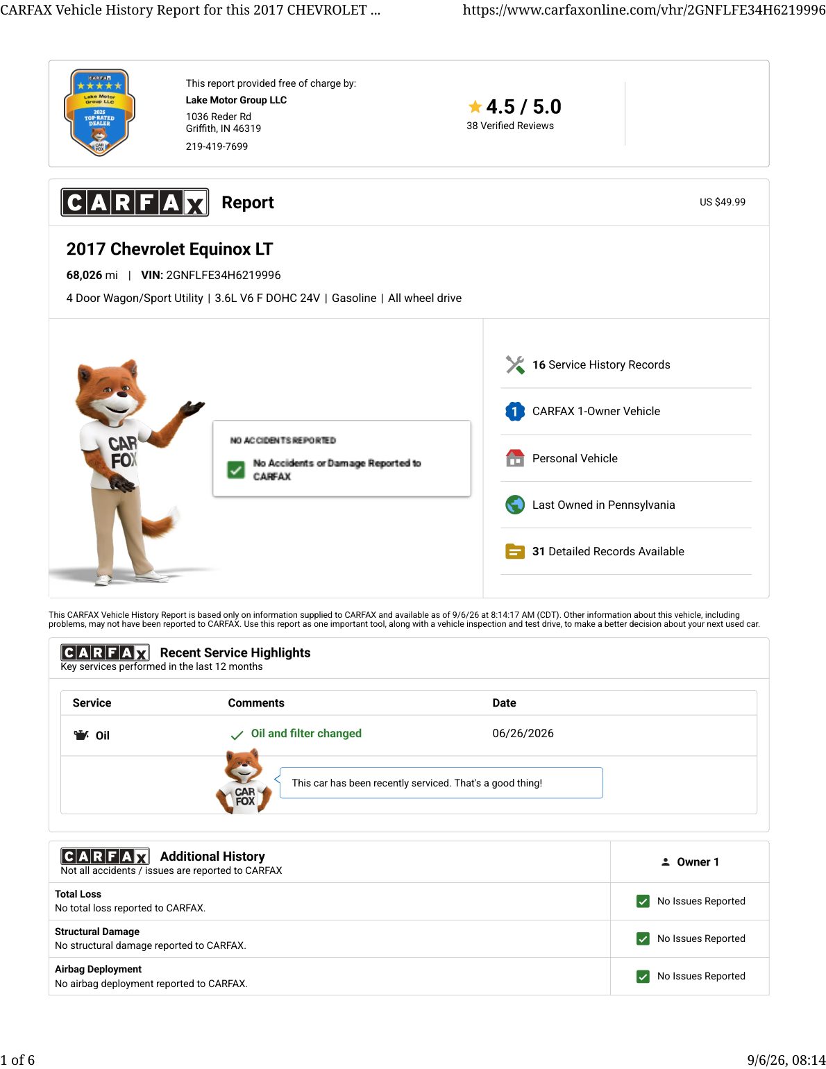 CARFAX vehicle history report — first page
