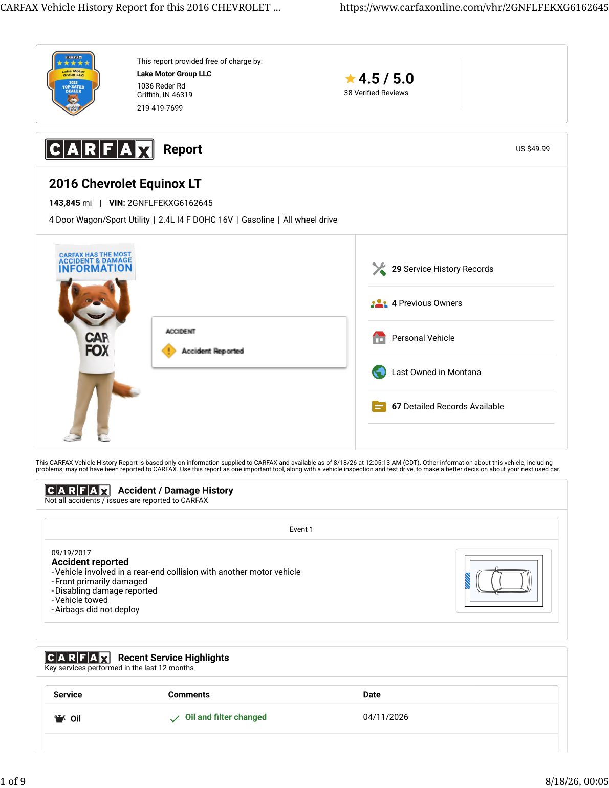 CARFAX vehicle history report — first page