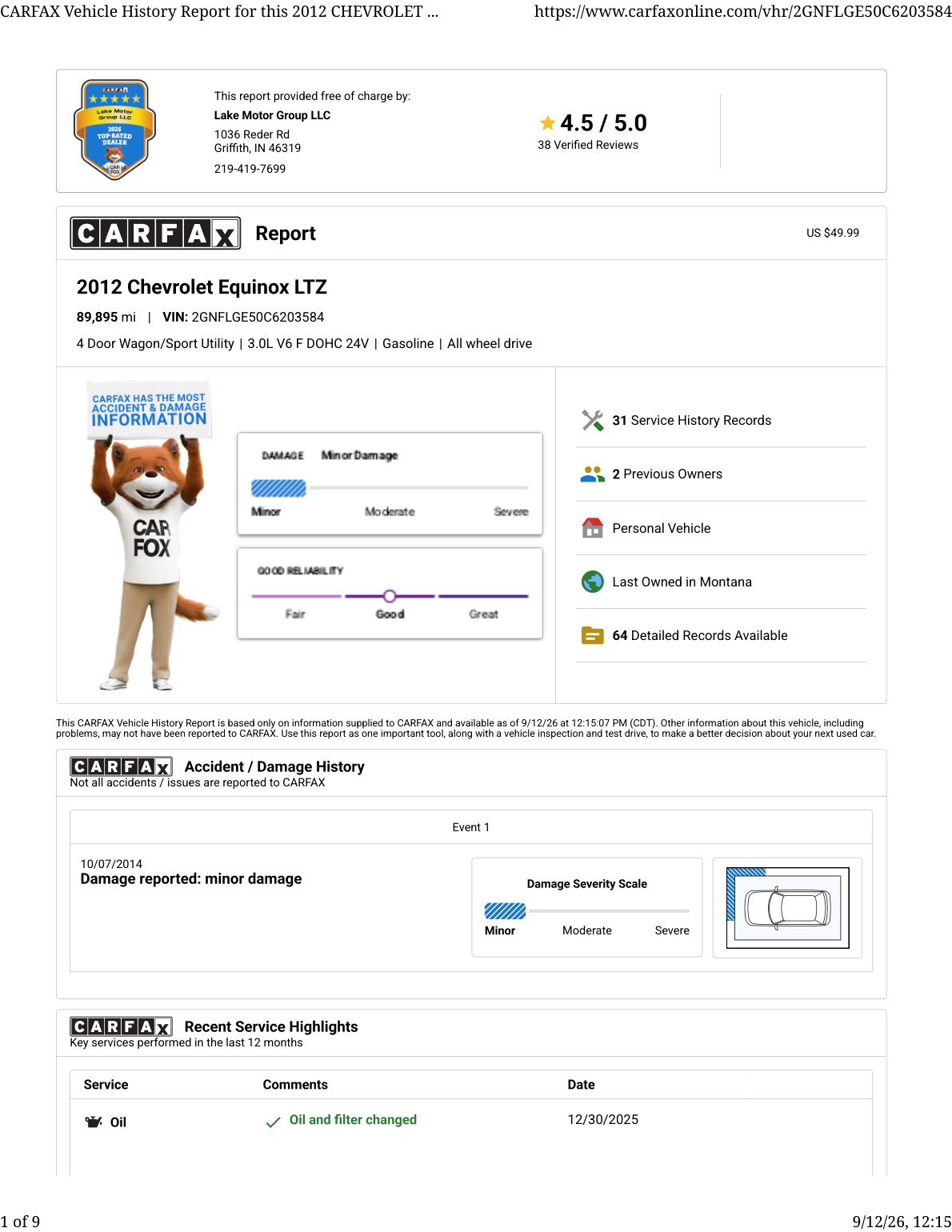 CARFAX vehicle history report — first page