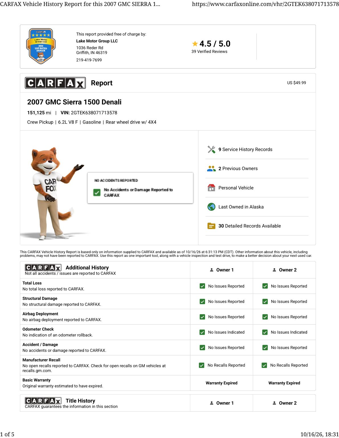 CARFAX vehicle history report — first page
