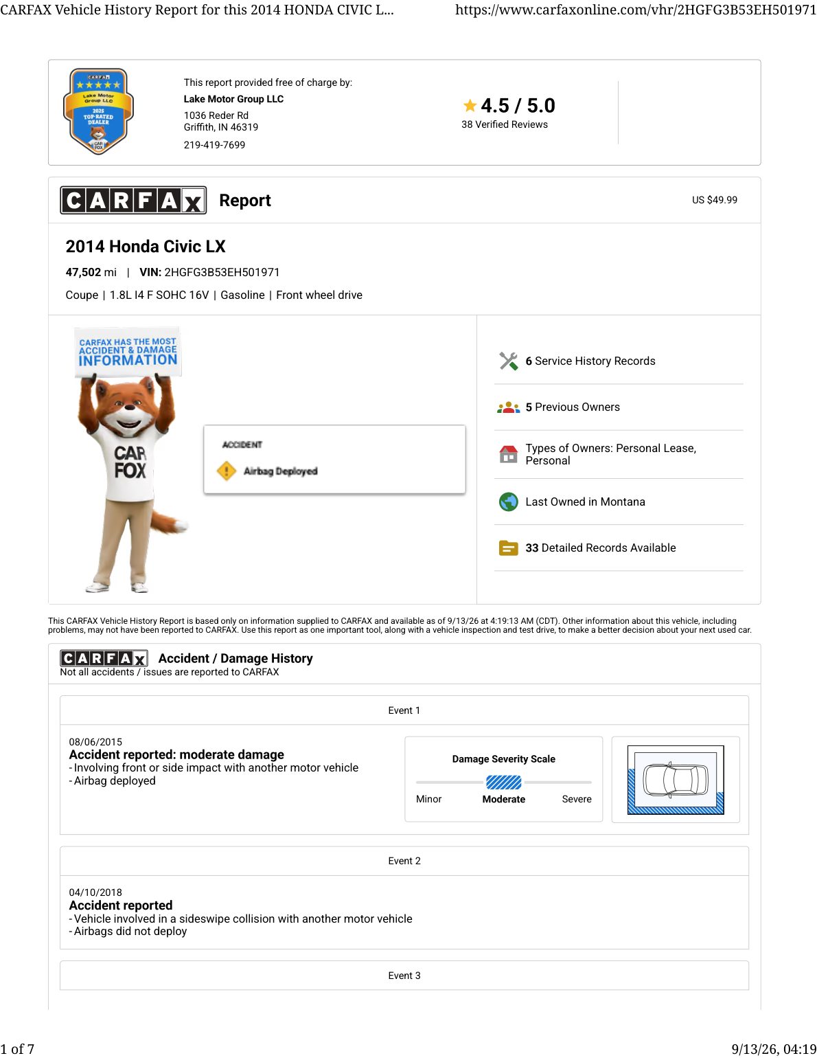 CARFAX vehicle history report — first page