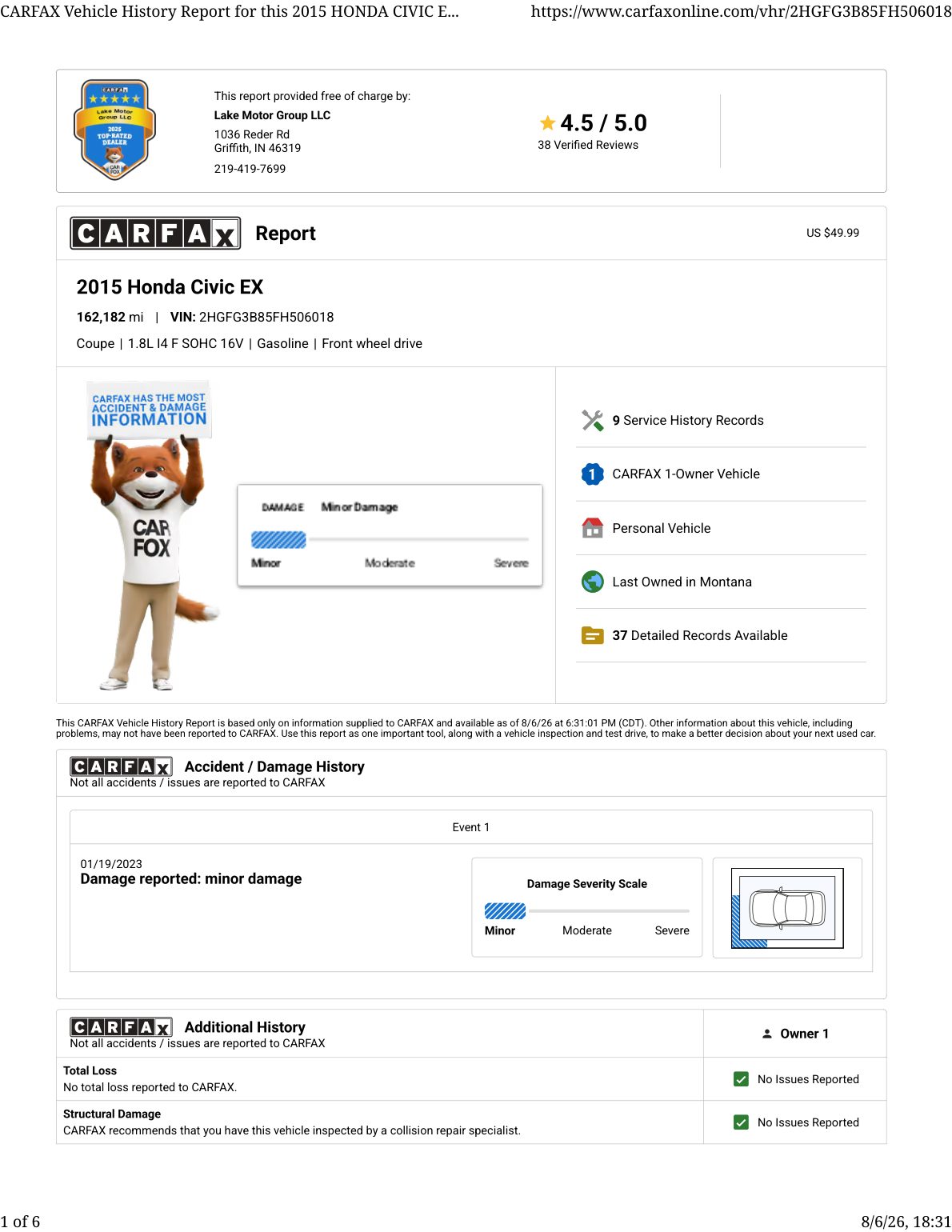 CARFAX vehicle history report — first page