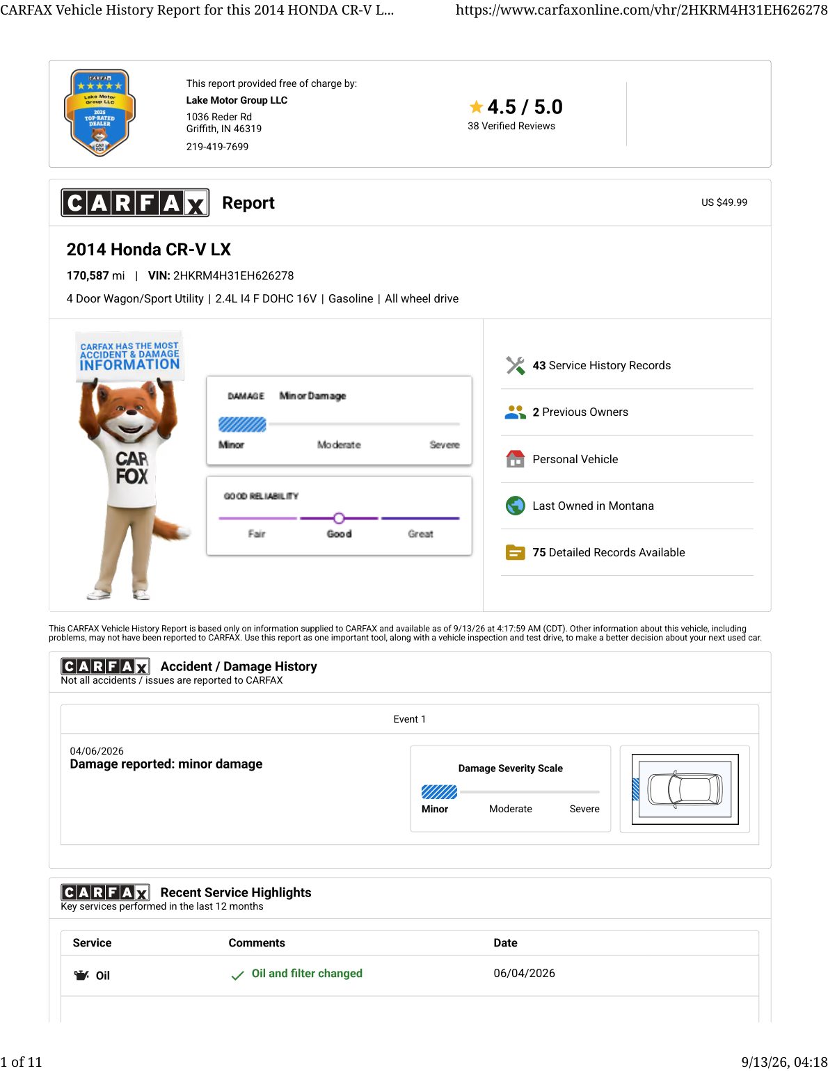 CARFAX vehicle history report — first page