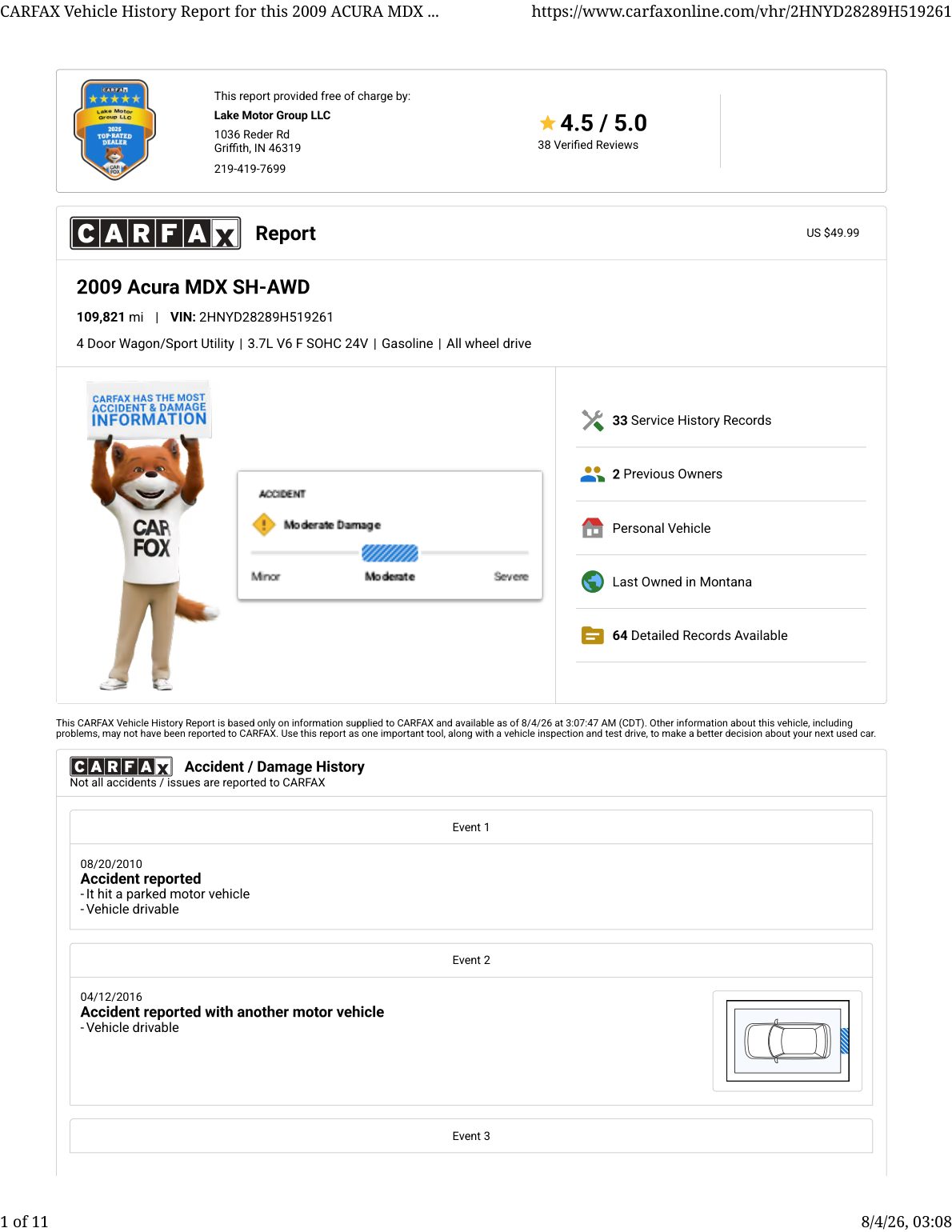 CARFAX vehicle history report — first page