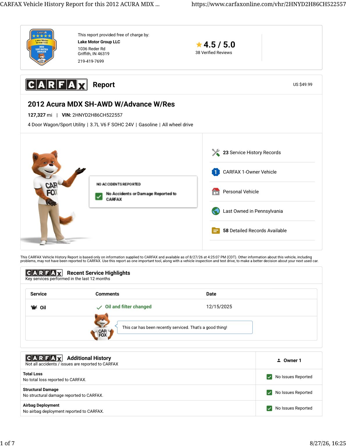 CARFAX vehicle history report — first page