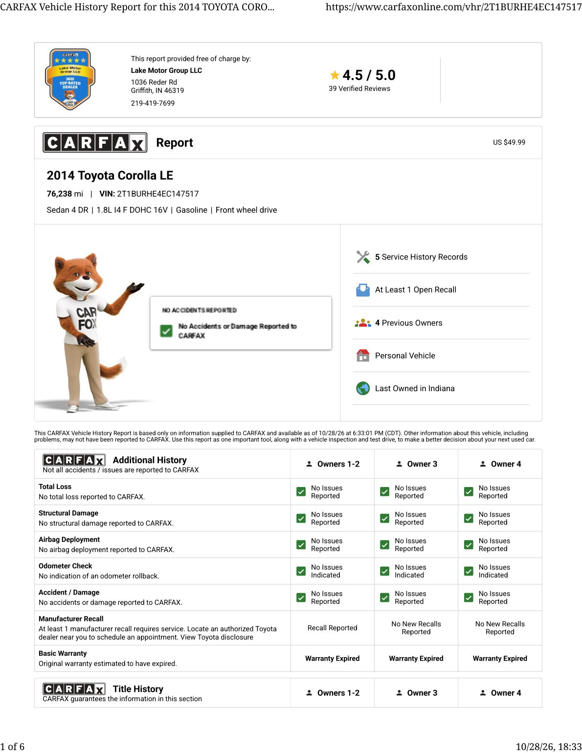 CARFAX vehicle history report — first page