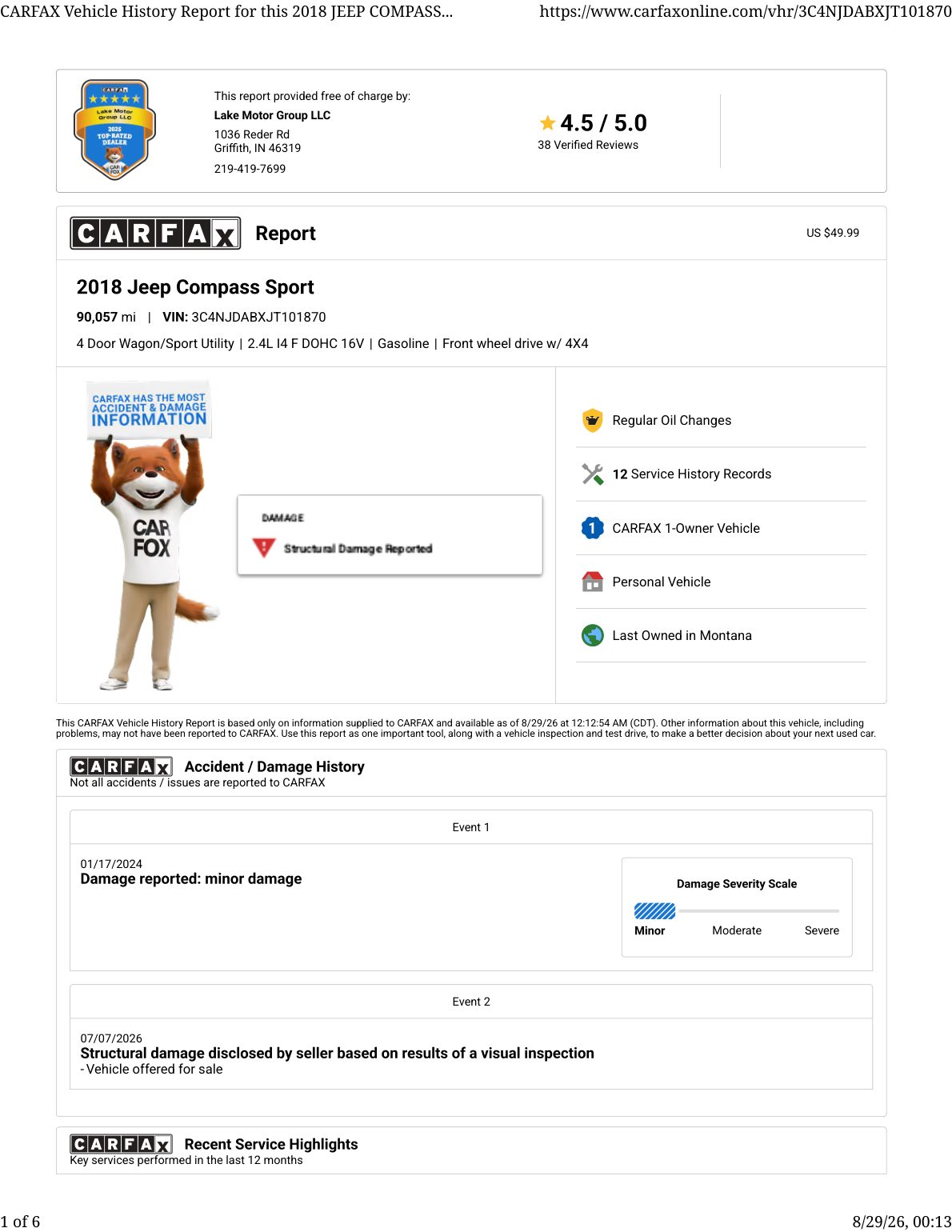 CARFAX vehicle history report — first page